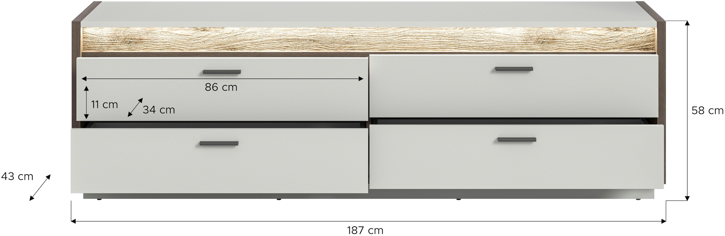 INOSIGN Lowboard »Treviso, Breite 187cm, inkl. Frontbeleuchtung, 4 Schubkästen«, TV-Board, Mediamöbel, TV-Bank, Fernsehschrank, Wohnzimmerschrank