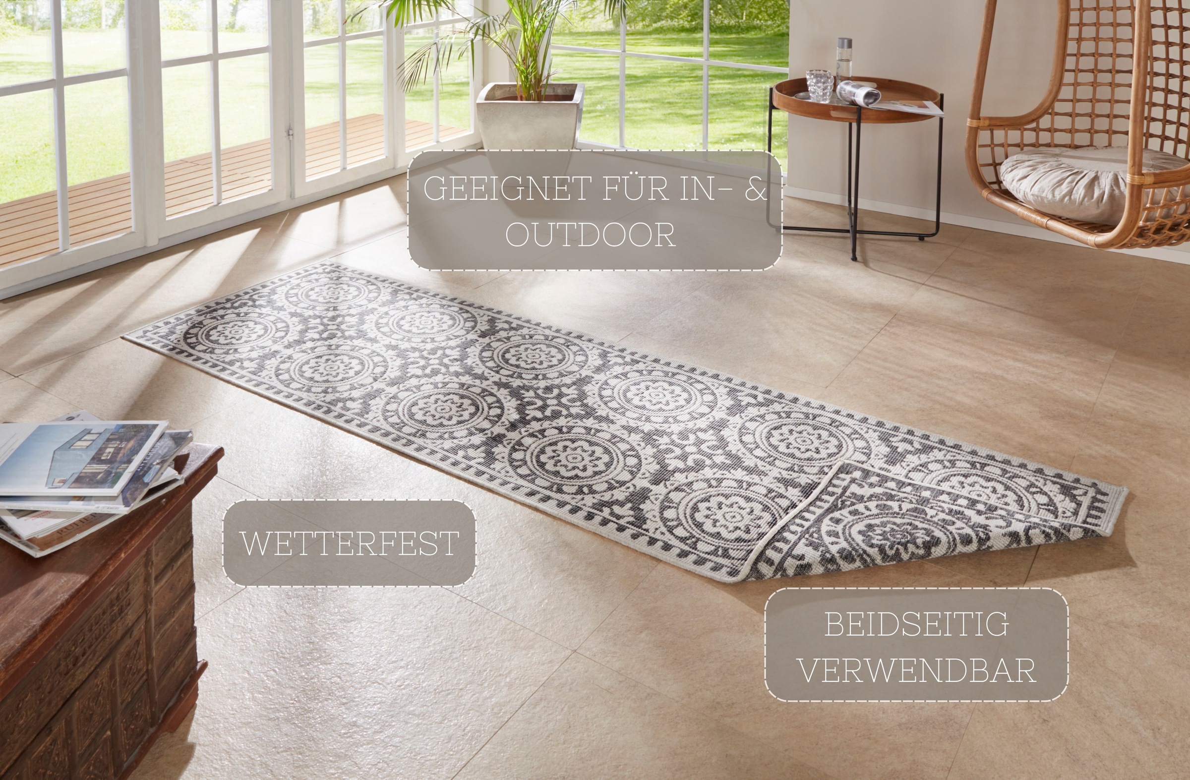 NORTHRUGS Läufer »Jardin«, rechteckig, 5 mm Höhe, Wendeteppich, In-& Outdoor, Vintage, Balkon, Garten, Wohnzimmer, Flur