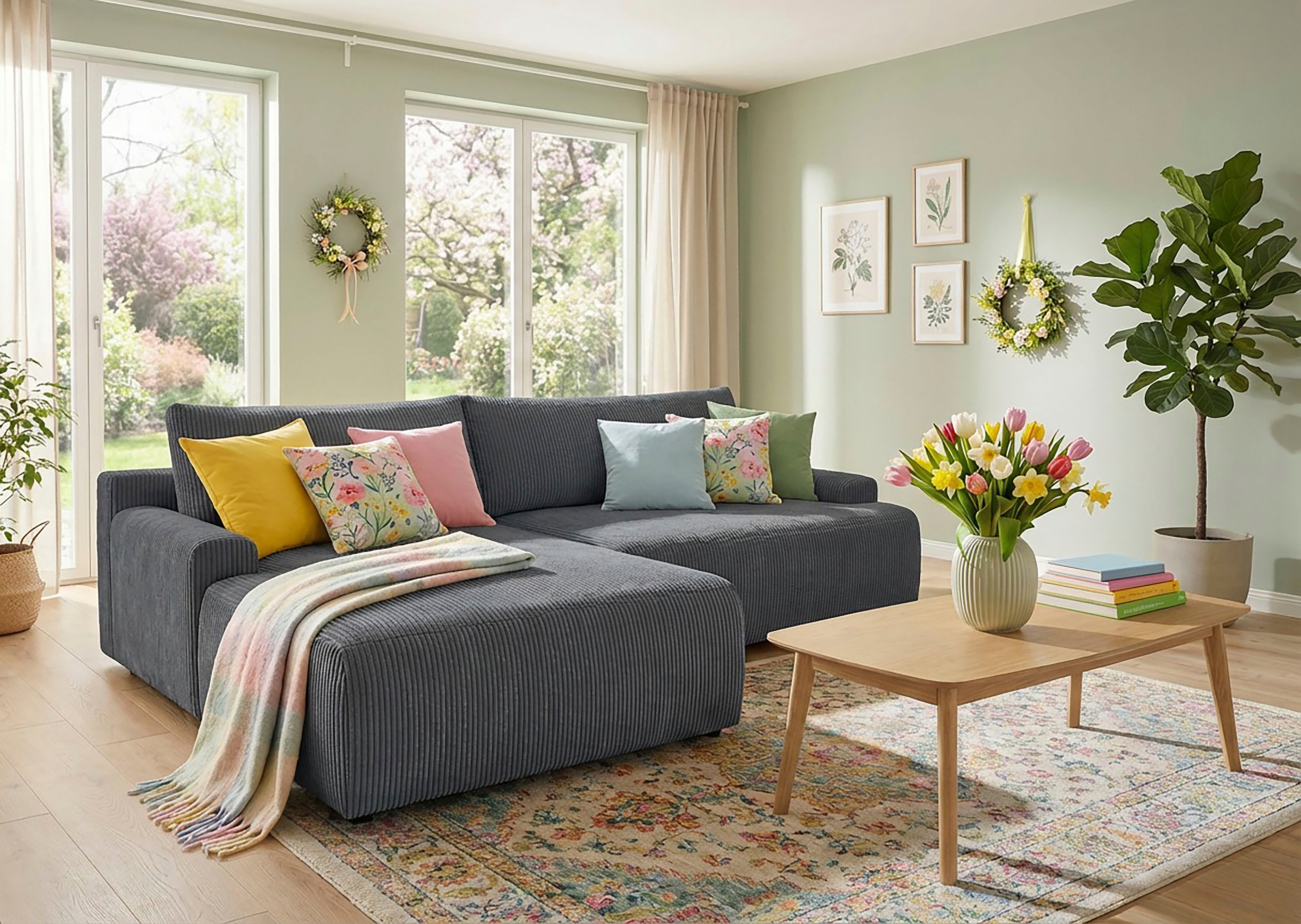 TRENDMANUFAKTUR Ecksofa "Prag, Schlafsofa mit Bettkasten, Couch in L-Form, Breite 253 cm" in Cordstoff HYPER, dunkelgrau, Recamiere links