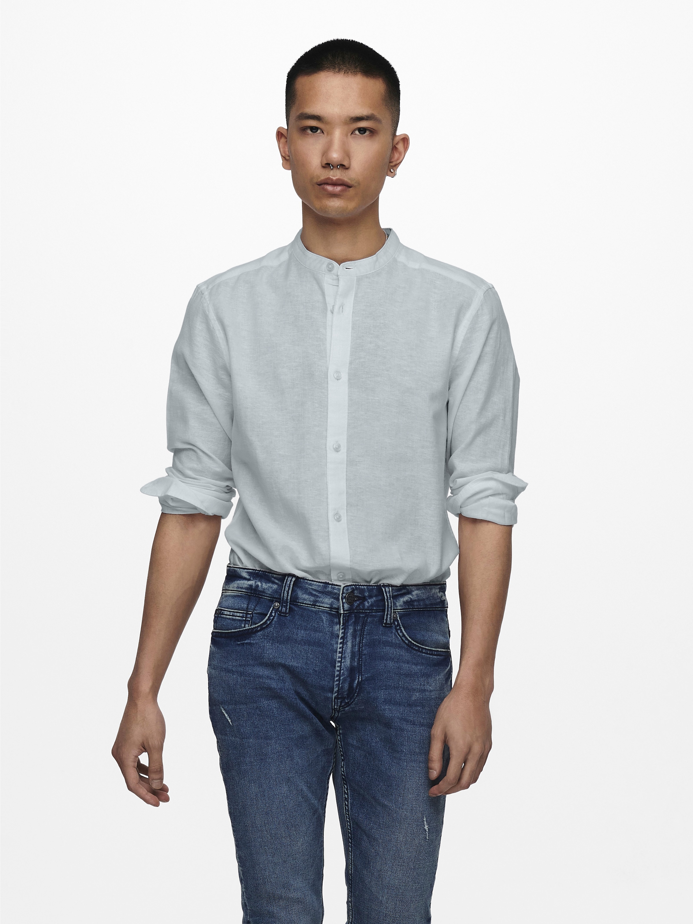 ONLY & SONS Langarmhemd "ONSCAIDEN LS SOLID LINEN MAO SHIRT NOOS" Baumwolle mit Leinen, slim fit