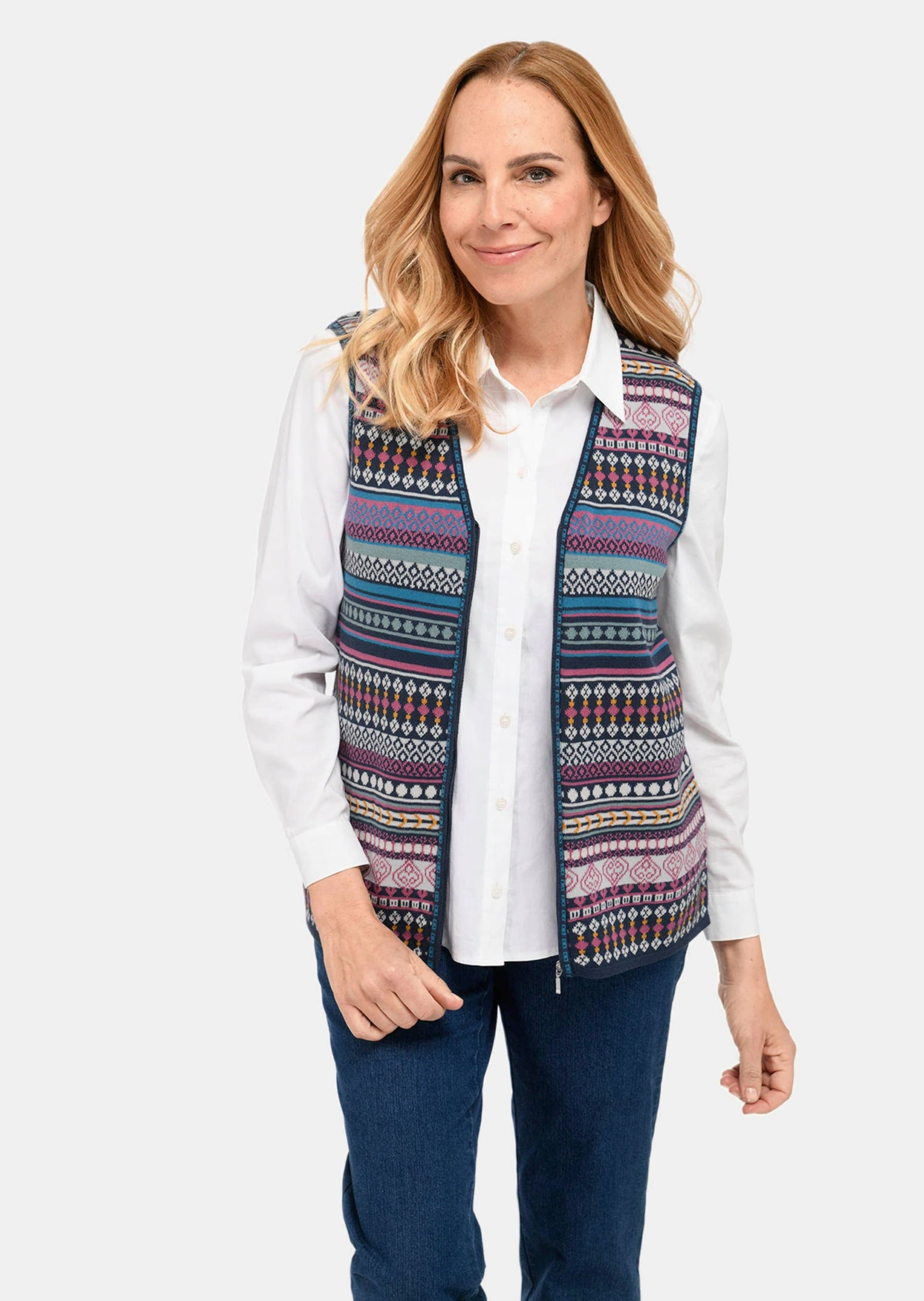 GOLDNER Strickjacke »Weste Jacquardstrickweste mit farbenfrohem Ringelmuster«