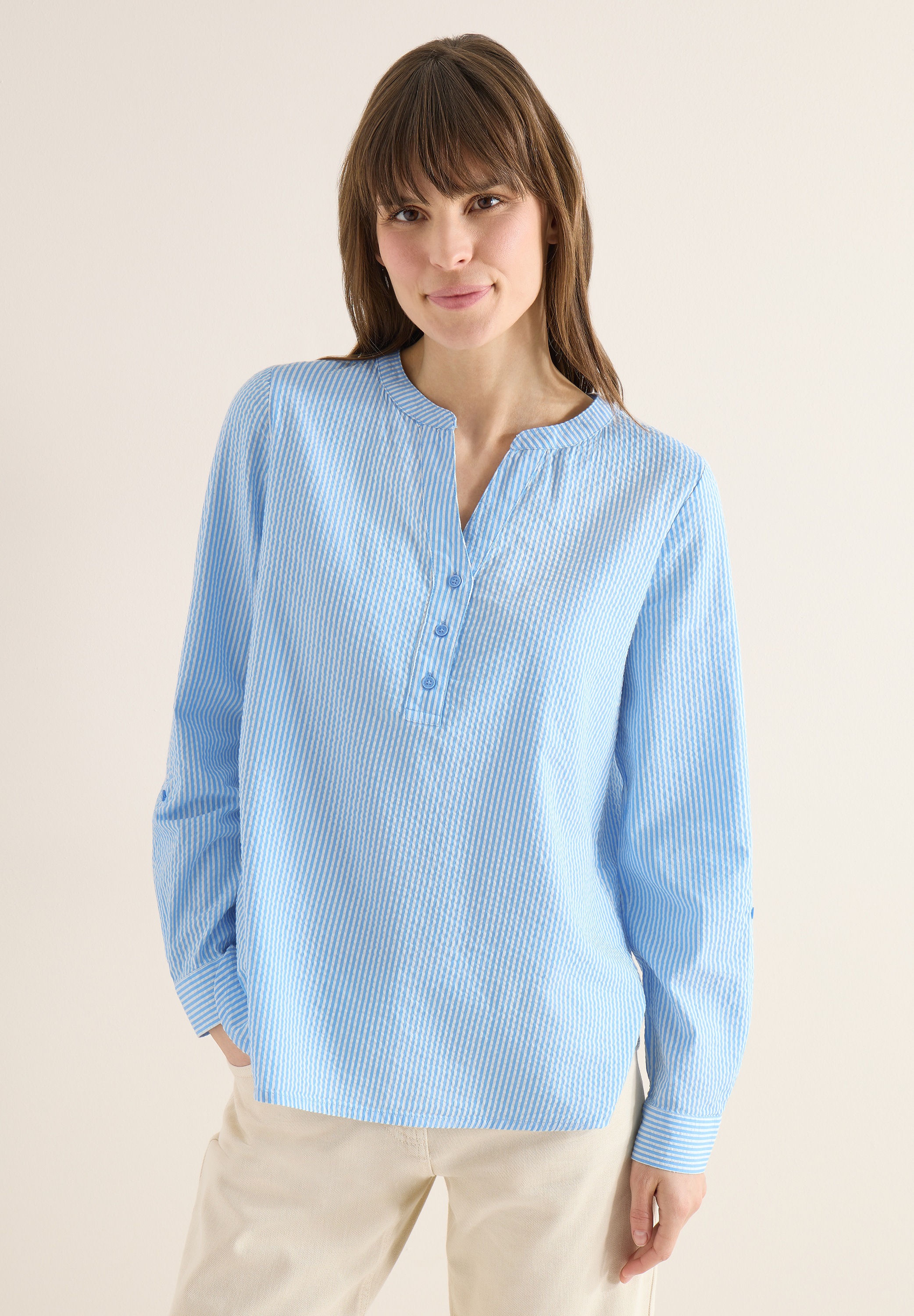 CECIL Damen Langarmblusecloud blau, Gr. XL, gestreift, Web, 75% Baumwolle, 25% Modal, Blusen, Knopf