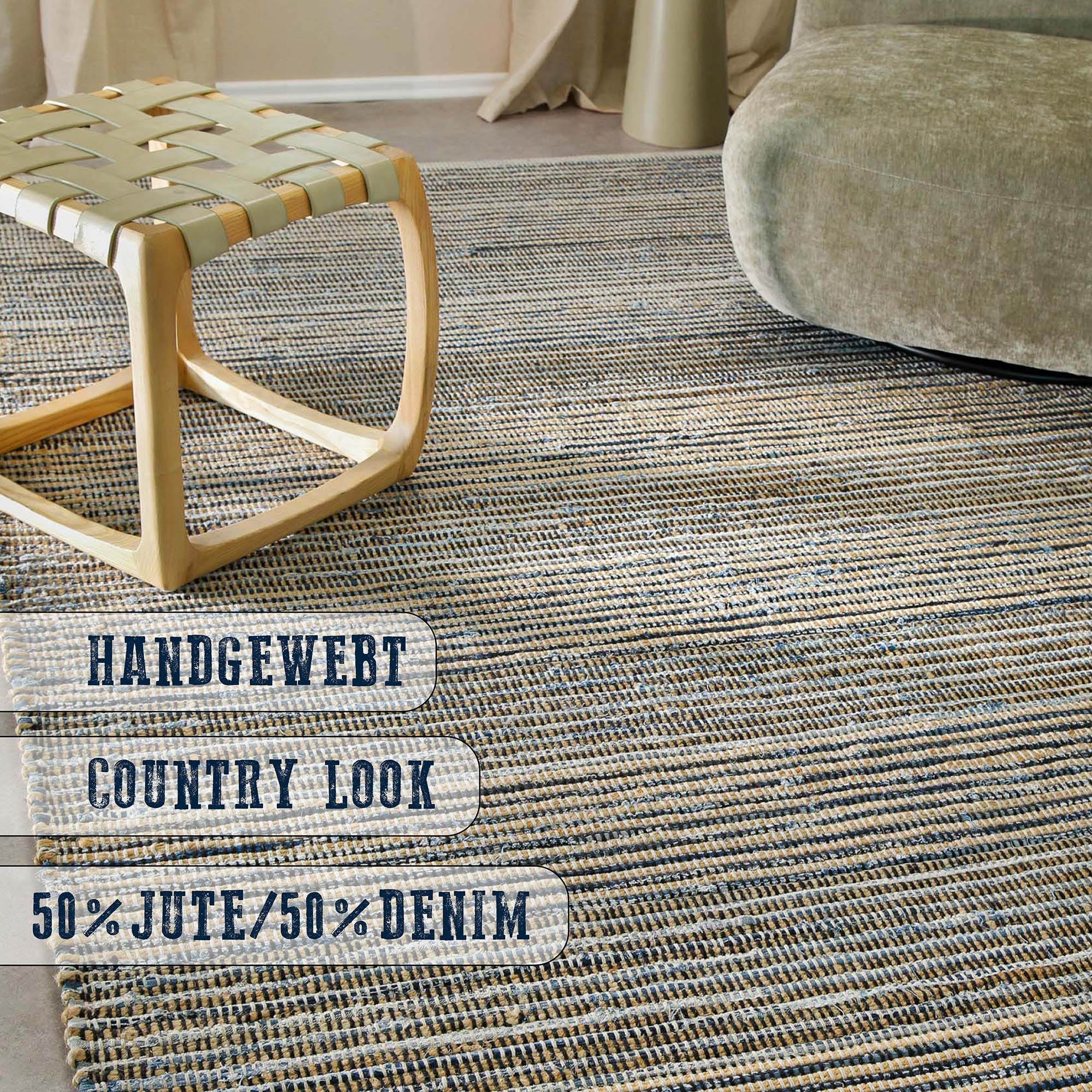 Wecon home Teppich »Denim Feels«, rechteckig, 6 mm Höhe, handgewebt, robust, pflegeleicht, skandi, Natur, Jute, Wohnzimmer