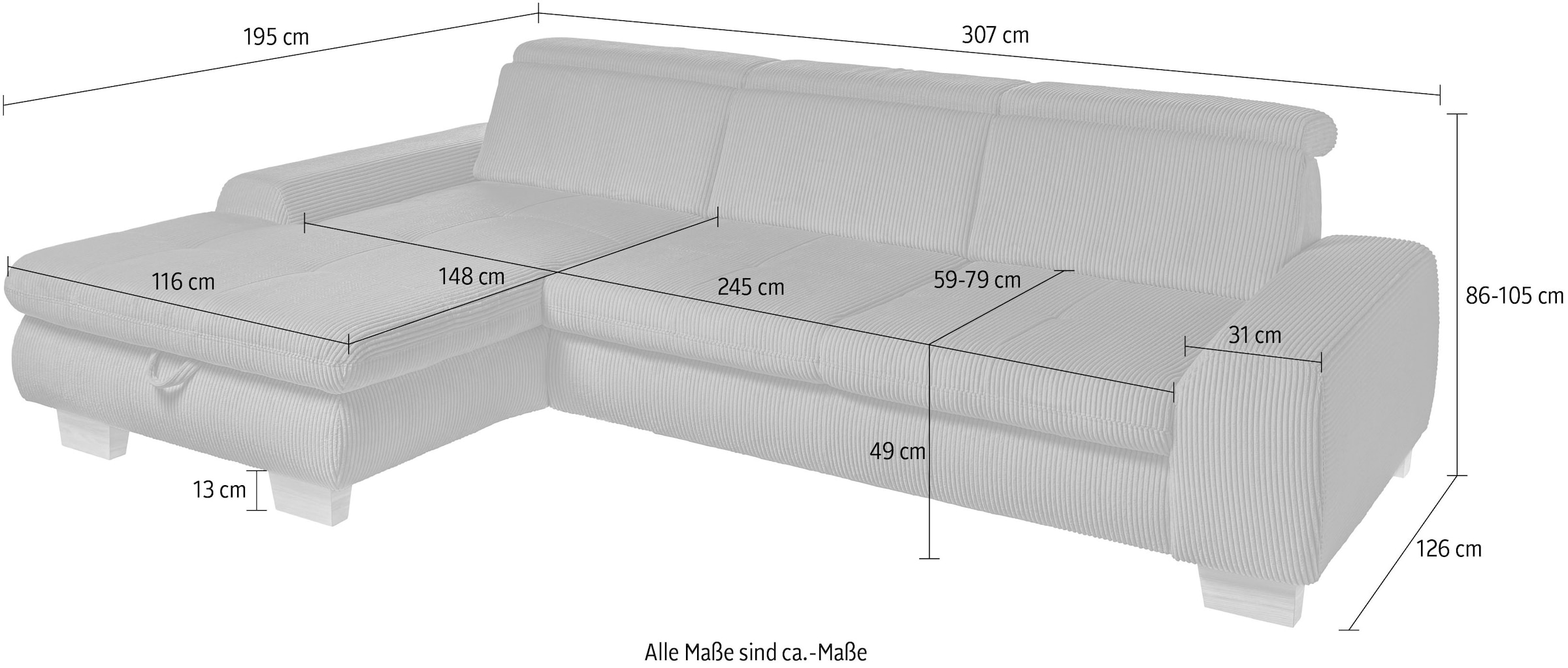 set one by Musterring Ecksofa »SO 3400«, mit Canape und verschiedenen Funktionen, Kaltschaum, B307 x T195 cm