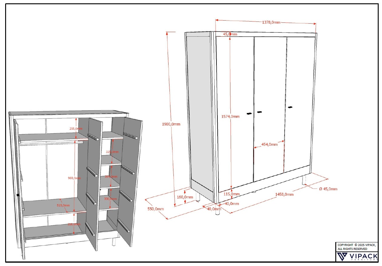 Home affaire Kleiderschrank »Forrest mit 3 Drehtüren (Soft-Close), Made in Europe, zeitloses Design«, (B/H/T ca: 145,8x190x55 cm, Massivholz in 2 Farben erhältlich), praktische Facheinteilung, viel Stauraum, hochwertige Verarbeitung