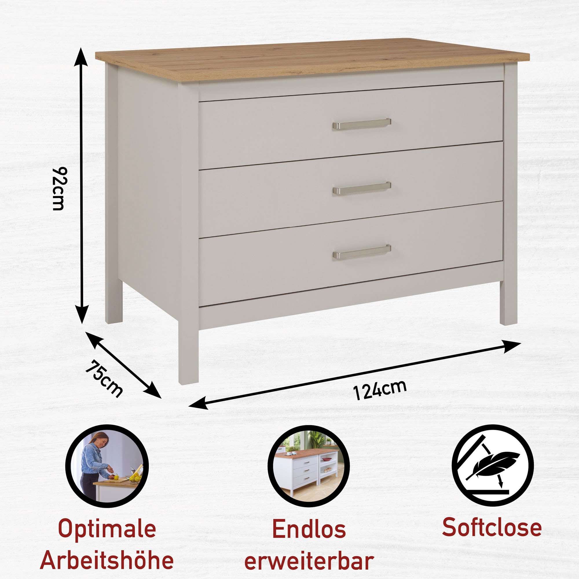 Inter Link Bartisch »Pienza, multifunktional für Küche & Essbereich, Kaschmir, Skandi Look« 1 Stk. tlg. Kücheninsel mit Soft-Close, Platz für 2 Hocker, 124x75x91 cm