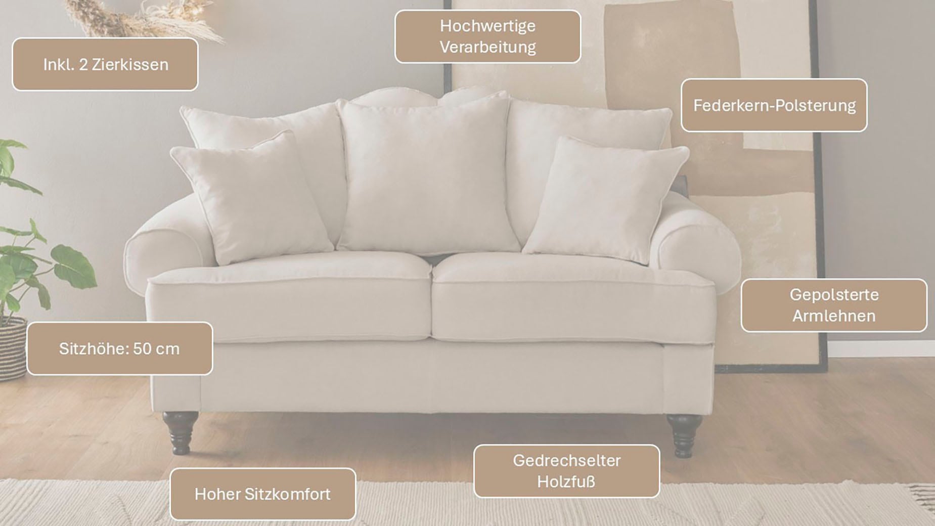 OTTO home 2-Sitzer »Westminster, Sofa im Landhausstil, Couch mit Zierkissen« Federkern-Polsterung, gedrechselter Fuß, hochwertiger Microfaserbezug