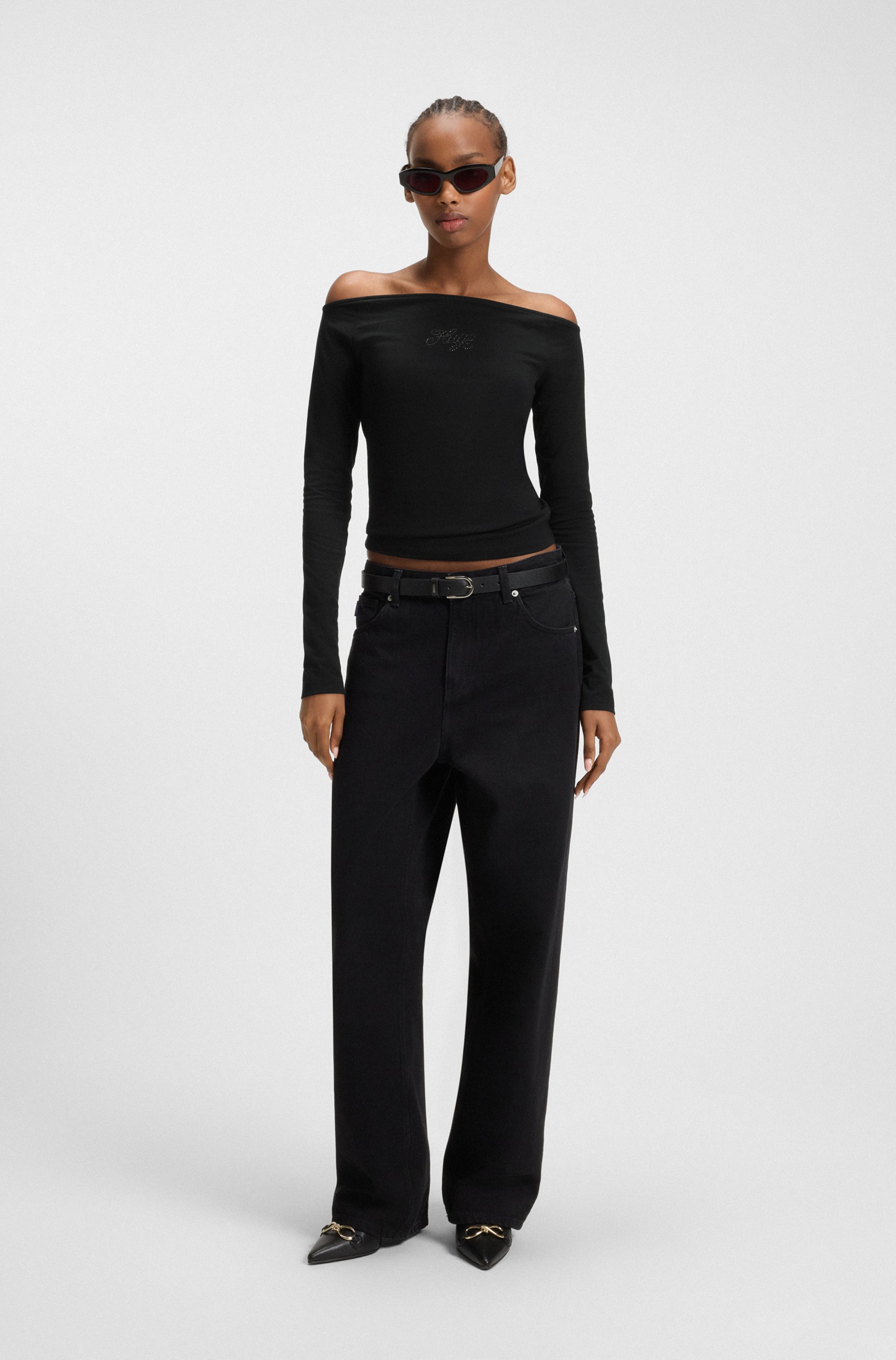 Thumbnail - HUGO Blue Langarmshirt "Dolder" schulterfrei, mit Strasssteinbesatz vorn