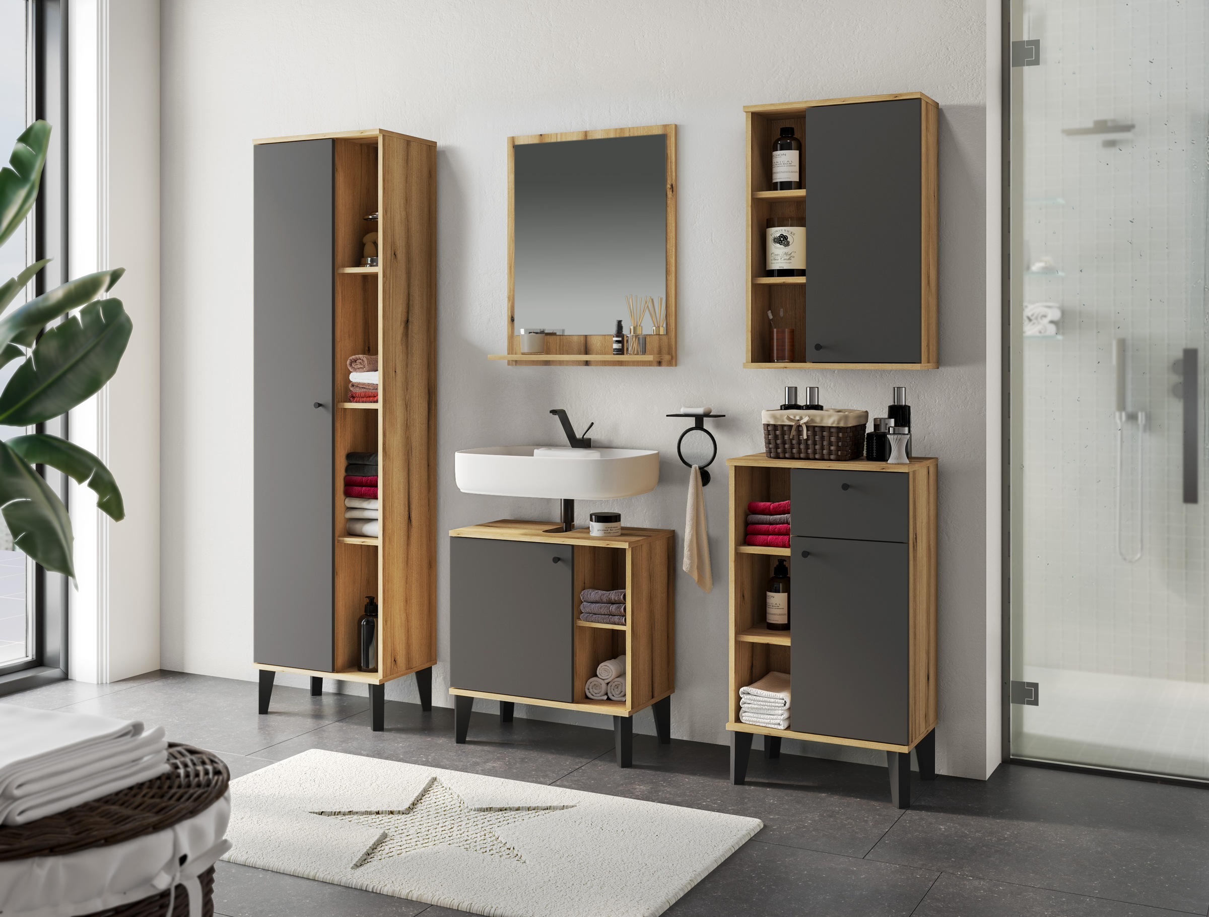 INOSIGN Badmöbel-Set »OSLO, Bad im skandinavischen Design, 5-teiliges Badezimmer«, (Set, 5 St.), Badschränke und Spiegel, in zwei Farben verfügbar, viel Stauraum