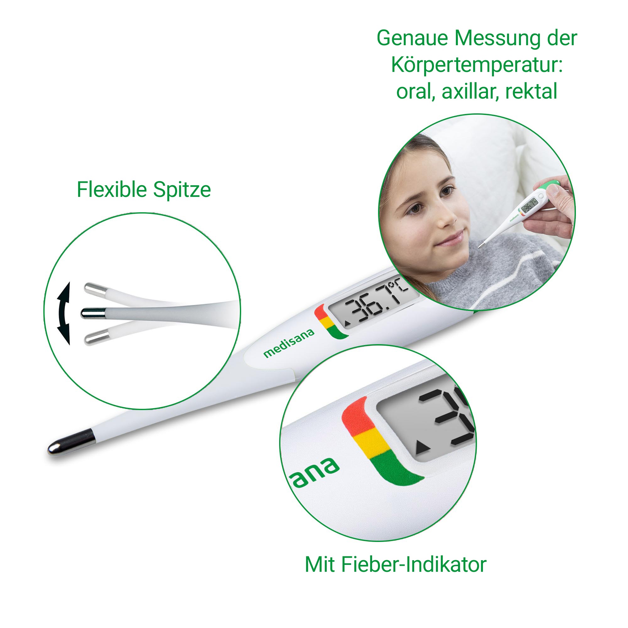 Medisana Fieberthermometer »TM 705«, orale, axillare, rektale Messung mit flexibler Spitze, Ampelfarbskala