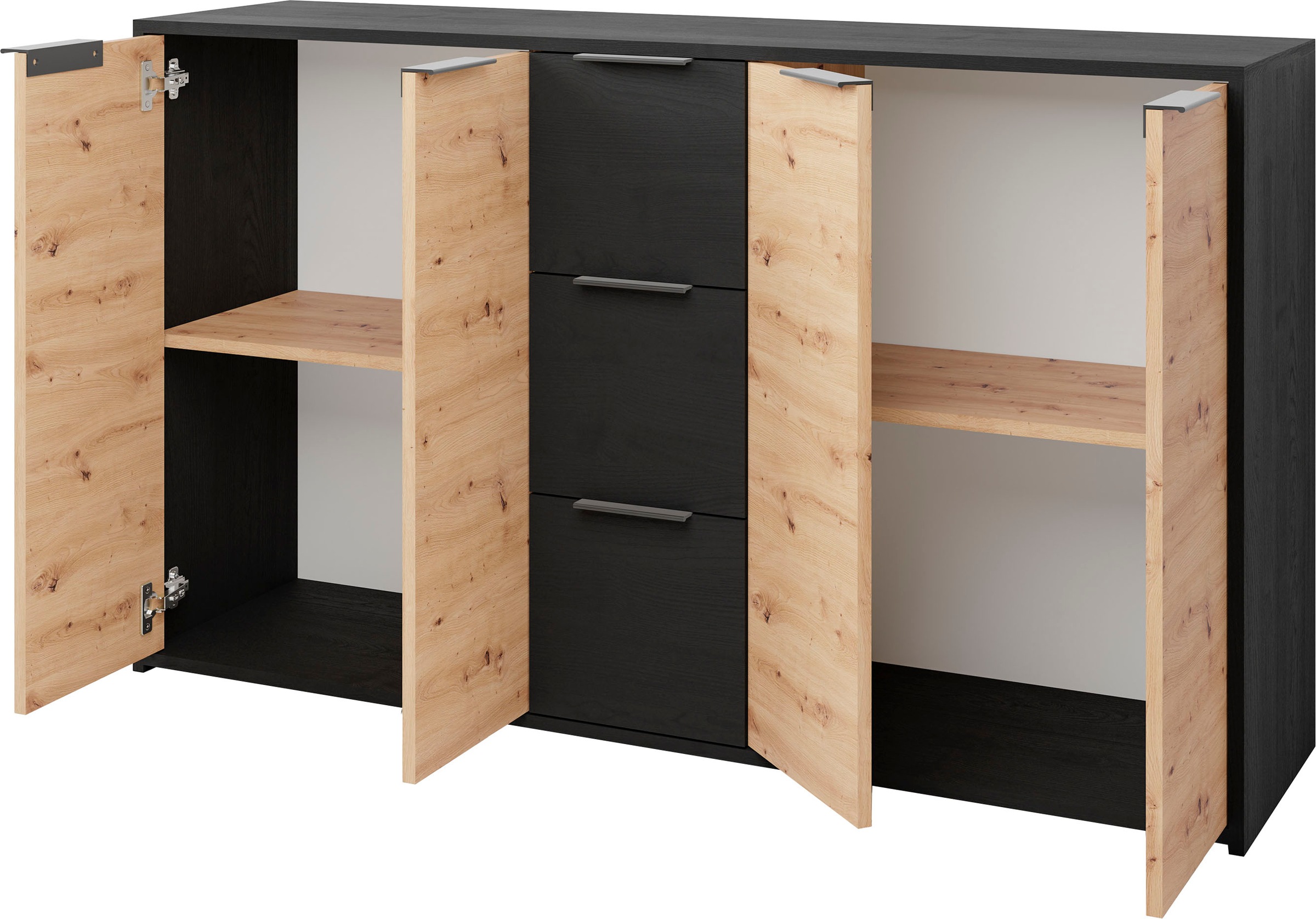 byLIVING Sideboard »Rimini«, Melamin Eiche schwarz und Artisan Eiche, 3 Schubkästen, 4 Türen