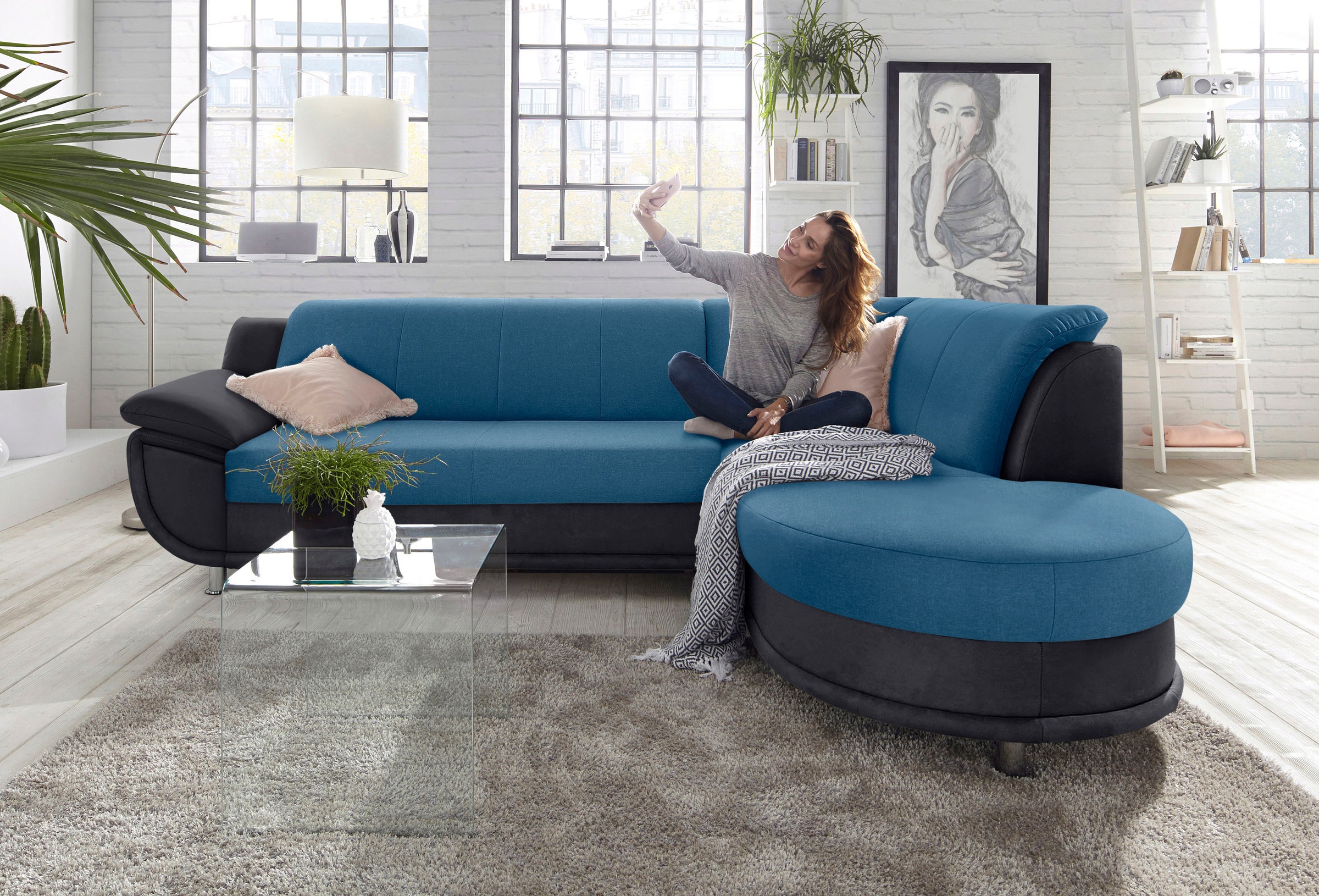TRENDMANUFAKTUR Ecksofa "Rondo 3, zeitlos & bequem, Materialmix, L-Form, Breite 265cm" wahlweise mit Federkern für mehr Komfort, wahlweise mit Bettfunktion