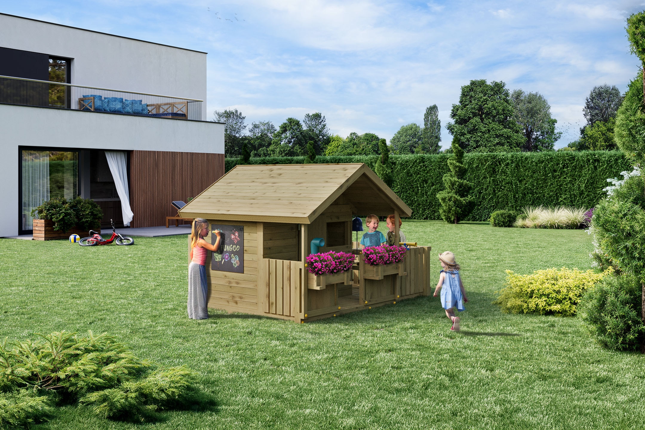 FUNGOO Spielhaus »SUNNY BANDCORNER« mit großer Terrasse und Picknicktisch, Tafel, Periskop