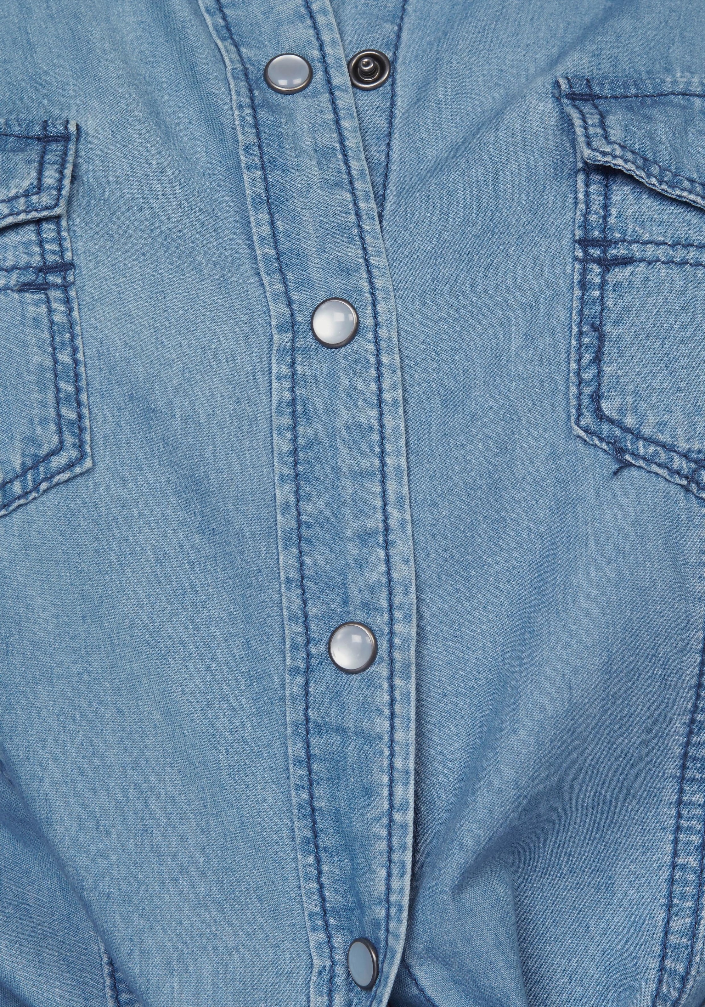 Arizona Jeansbluse »mit Perlmuttoptik«, BAUR in | Krempelärmeln und kaufen Druckknöpfen
