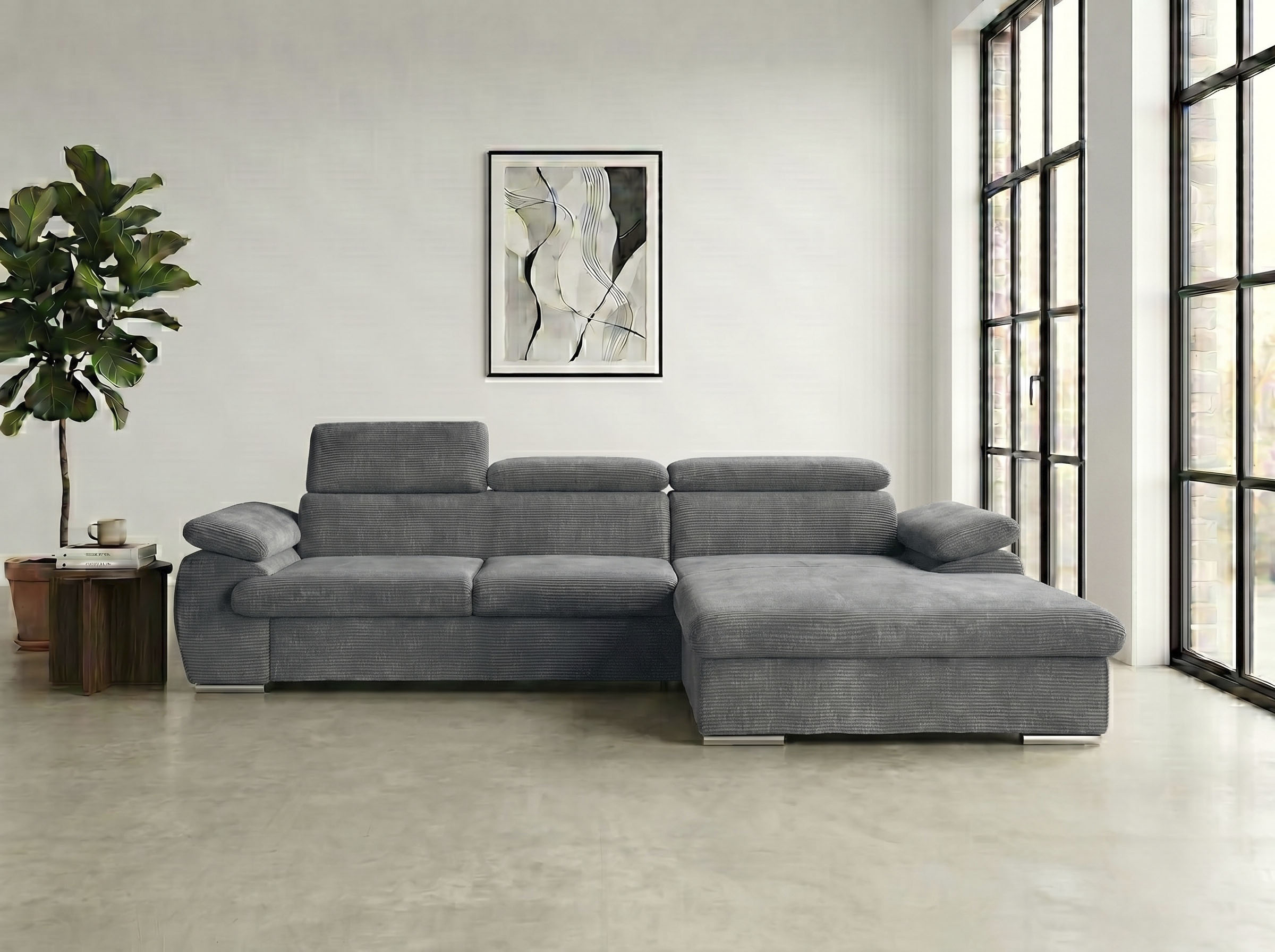 WERK2 Ecksofa "Cosmo 282 x 192 cm modern und bequem" Cord, L-Form, XXL, Schlaffunktion, Bettkasten, verstellbare Kopfteile