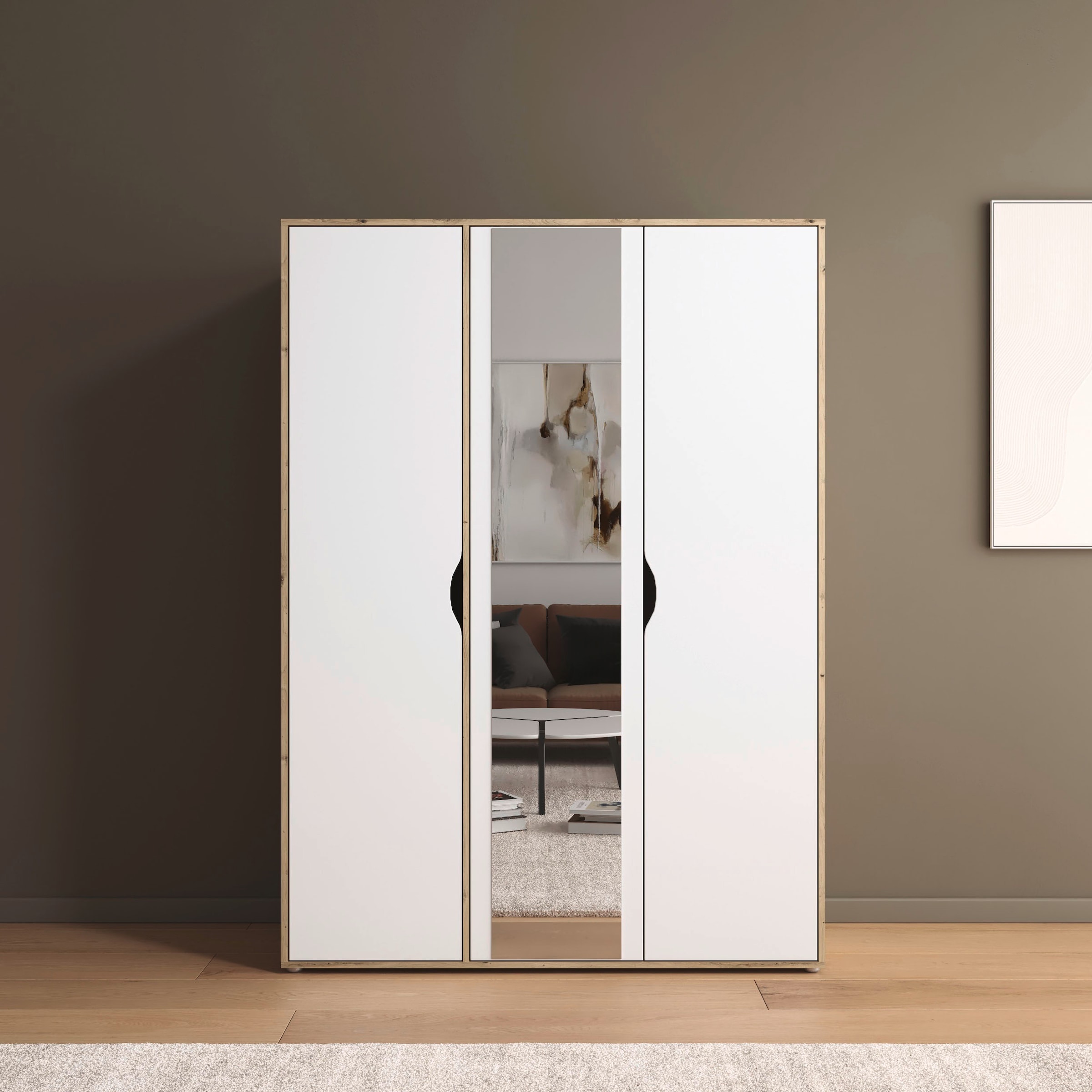 rauch Drehtürenschrank "Kleiderschrank Schrank Garderobe Wäscheschrank NARAI mit Spiegel" in 3 verschiedenen Ausstattungen BASIC/CLASSIC/PREMIUM, Griffausfräsungen für eine grifflose Optik TOPSELLER MADE IN GERMANY