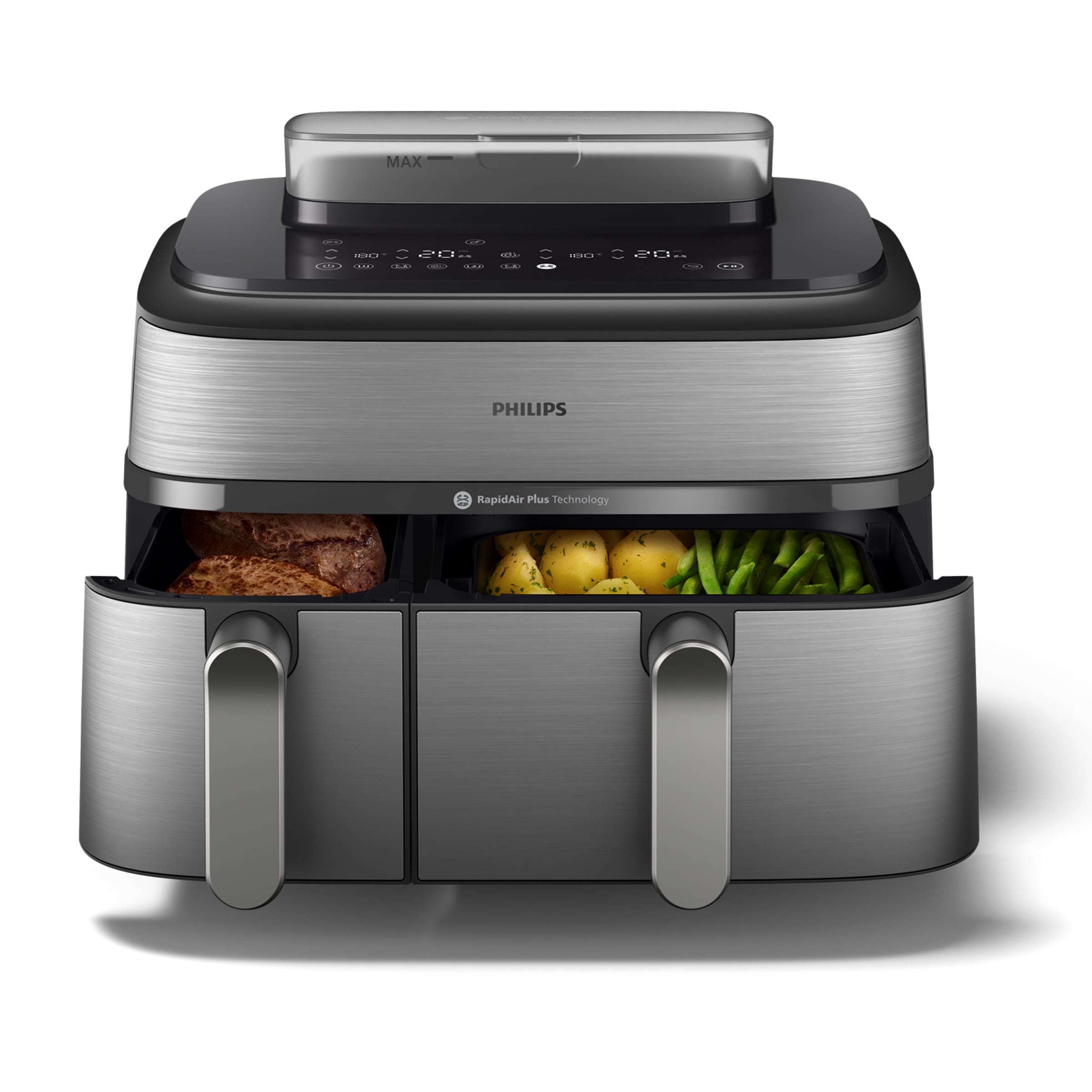 Philips Heißluftfritteuse »Steam Airfryer 5000 Dual Basket NA555/00, Airfryen & Dampfgaren, 3L+6L«, 2750 W, RapidAir Plus Technologie und 19 Kochfunktionen; Silber/Edelstahl