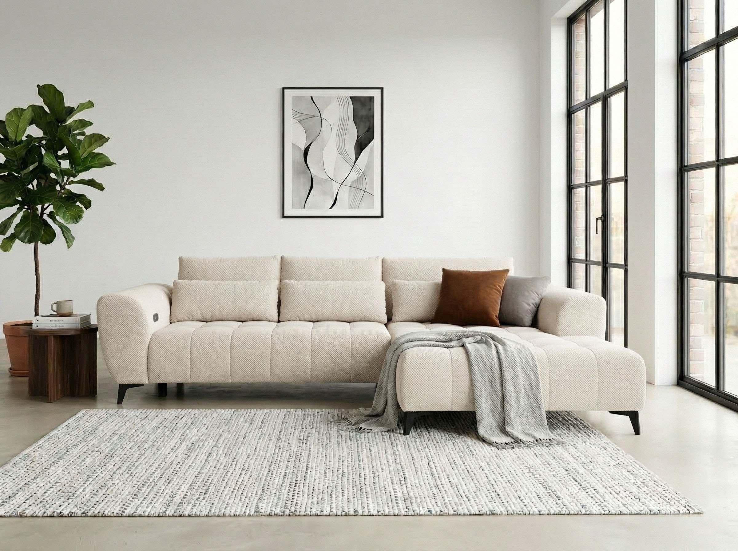 WERK2 Ecksofa "Garay 287 x 220 cm modern und bequem" Waffelcord, L-Form, XXL, elektrische Sitztiefenverstellung