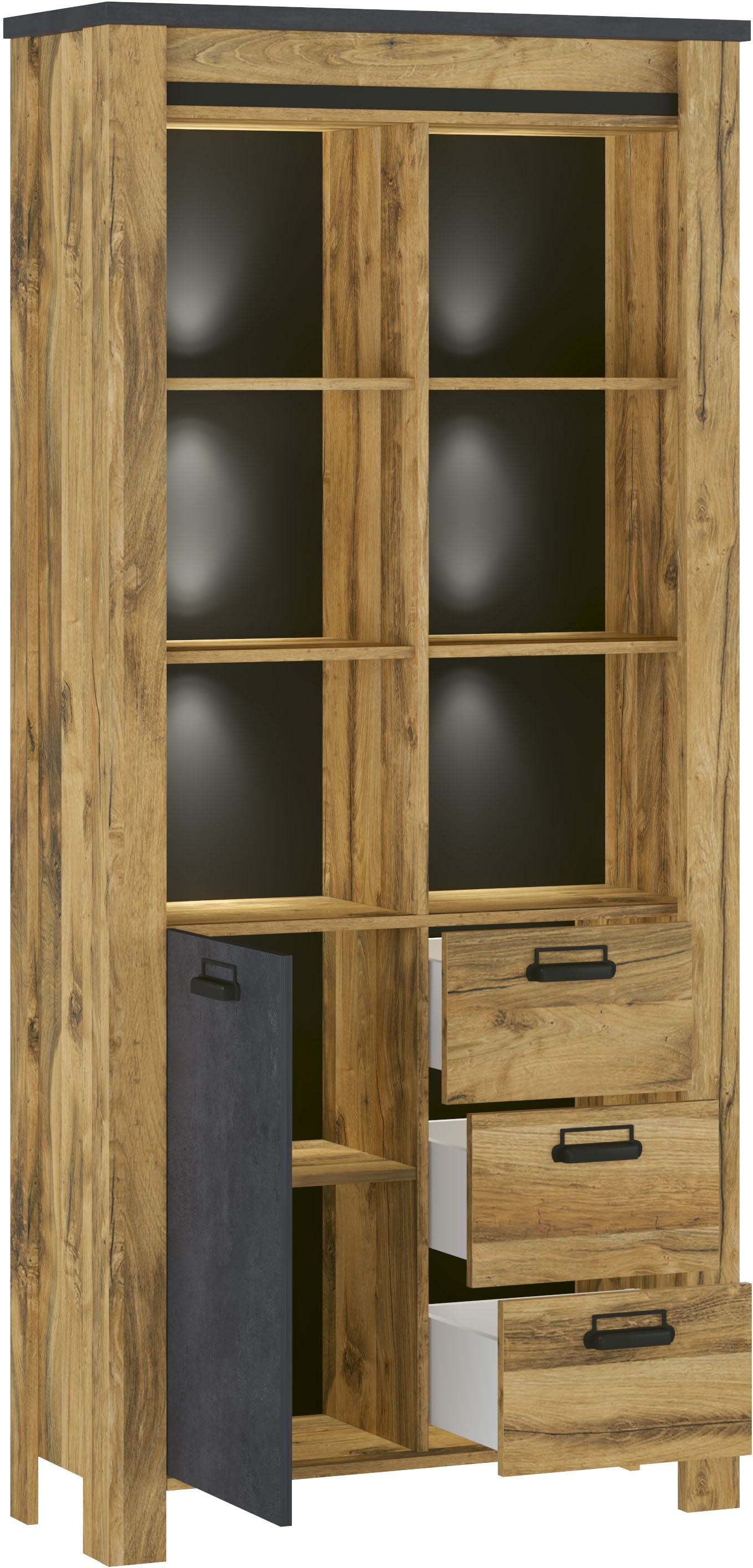 Home affaire Vitrine »York, moderner Hochschrank, Schrank in Hunton Oak Dekor«, mit Apothekergriffen aus Metall, Industrialdesign, 200 cm hoch