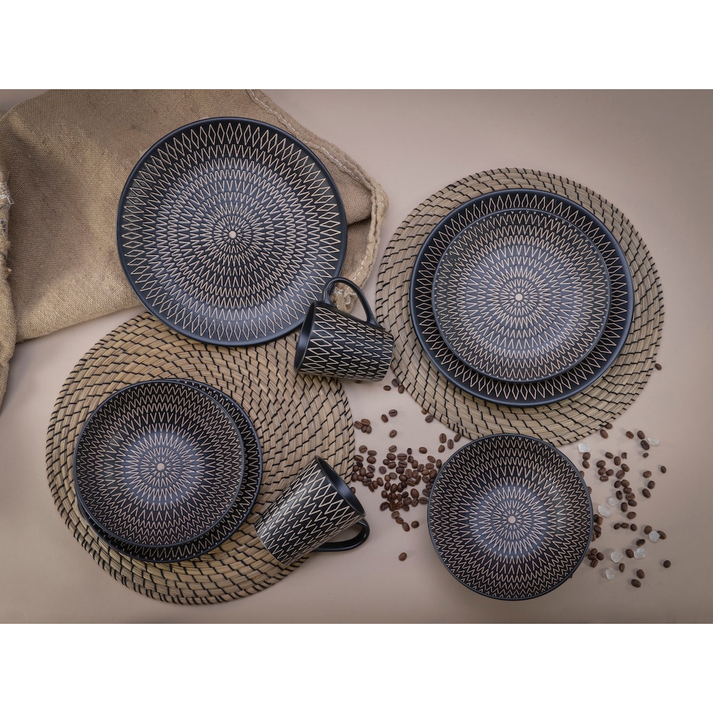 CreaTable Kombiservice »Geschirr-Set Crafted«, (Set, 16 tlg., Kaffeeservice und Tafelservice im Set, für 4 Personen), Service, schwarz, Rautenrelief, Ethnostyle, 16 Teile, für 4 Personen