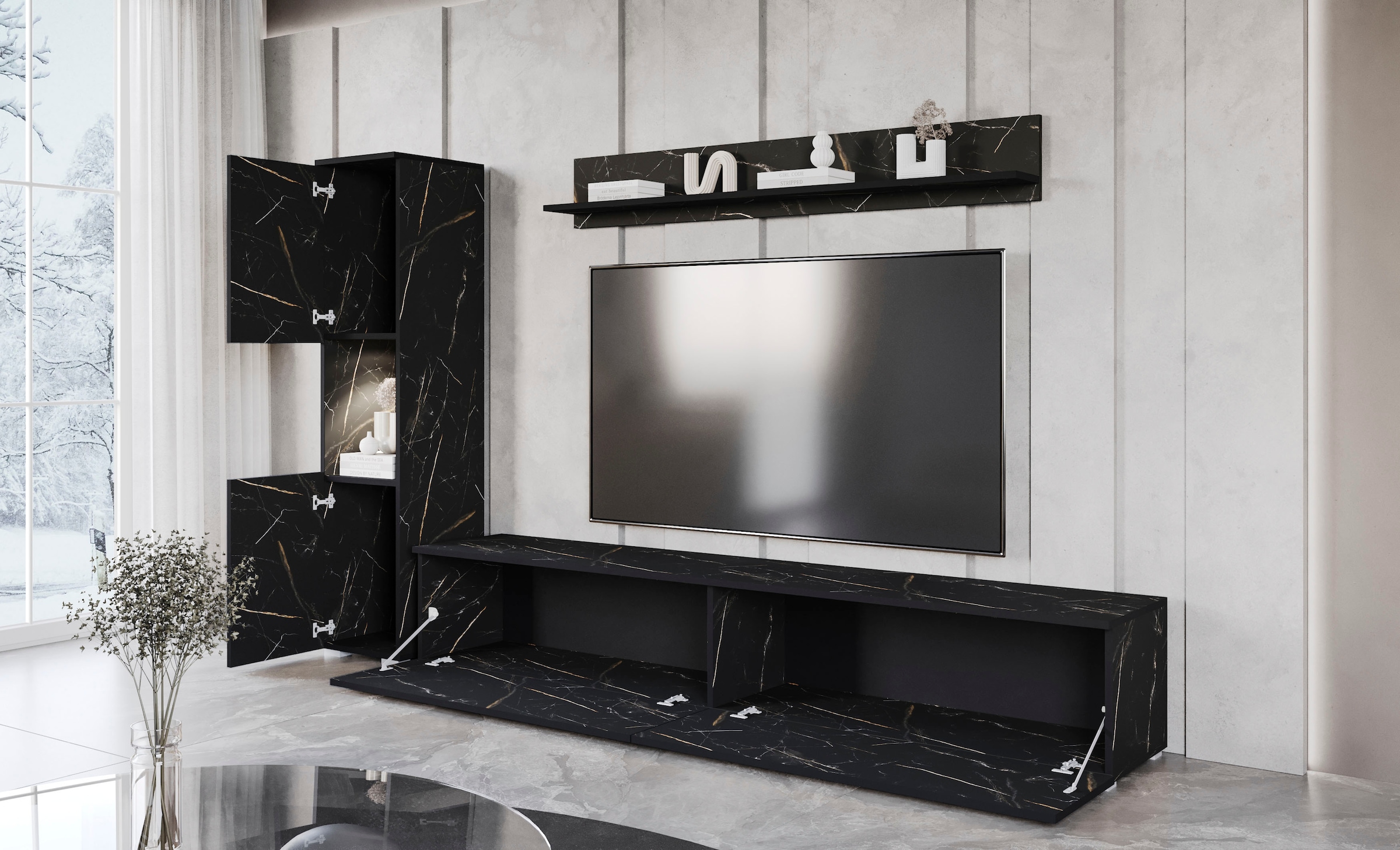 INOSIGN Wohnwand »PARIS, Vitrine Türanschlag links/rechts wechselbar«, (Komplett-Set, 3 St.), grifflose Design, stehend und hängend montierbar