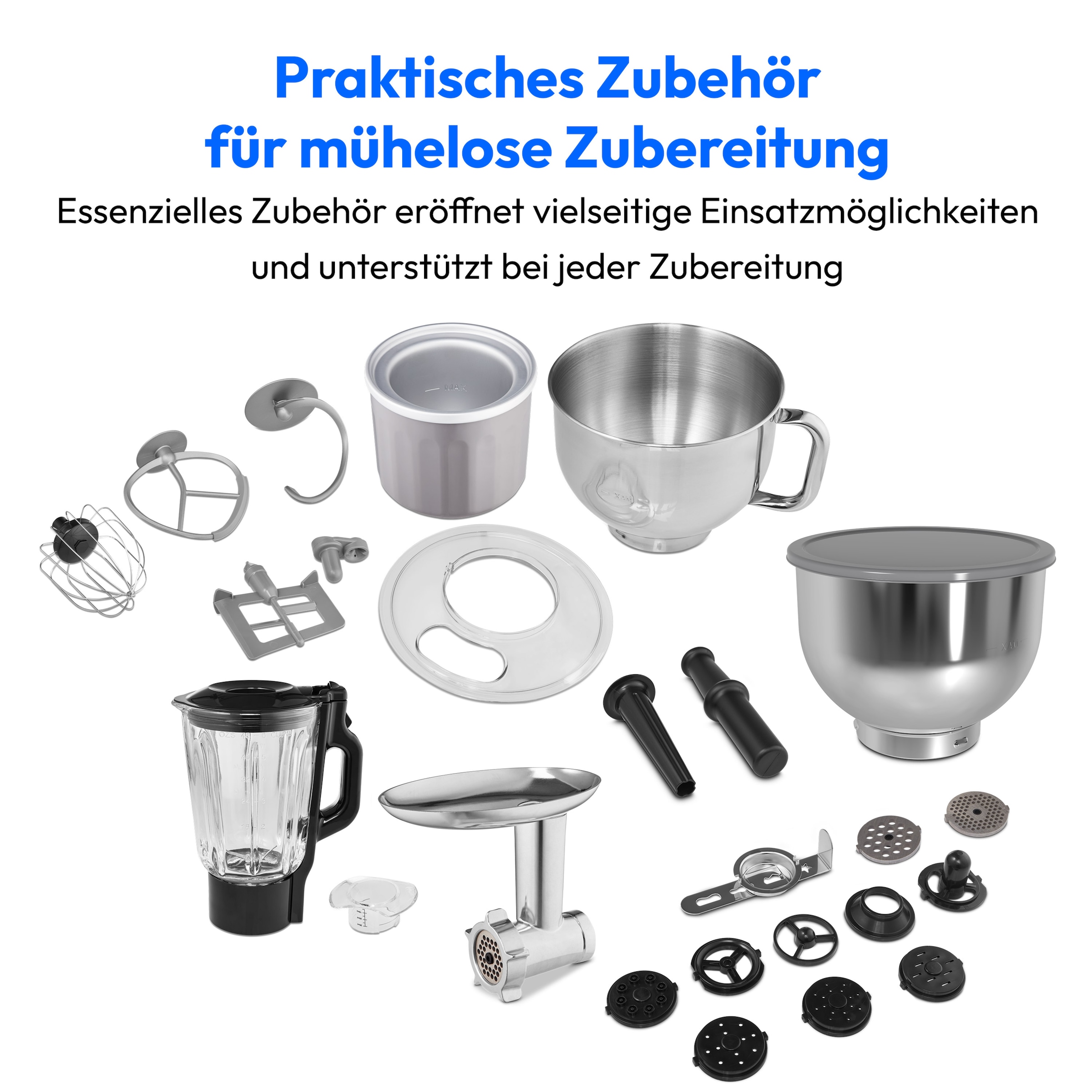 Medion® Küchenmaschine »MD 18442, 8 Geschwindigkeitsstufen, Impulsfunktion, 5L Rührschüssel«, Umfangreiches Zubehör-Set inkl. Eisschüssel für Speiseeiszubereitung