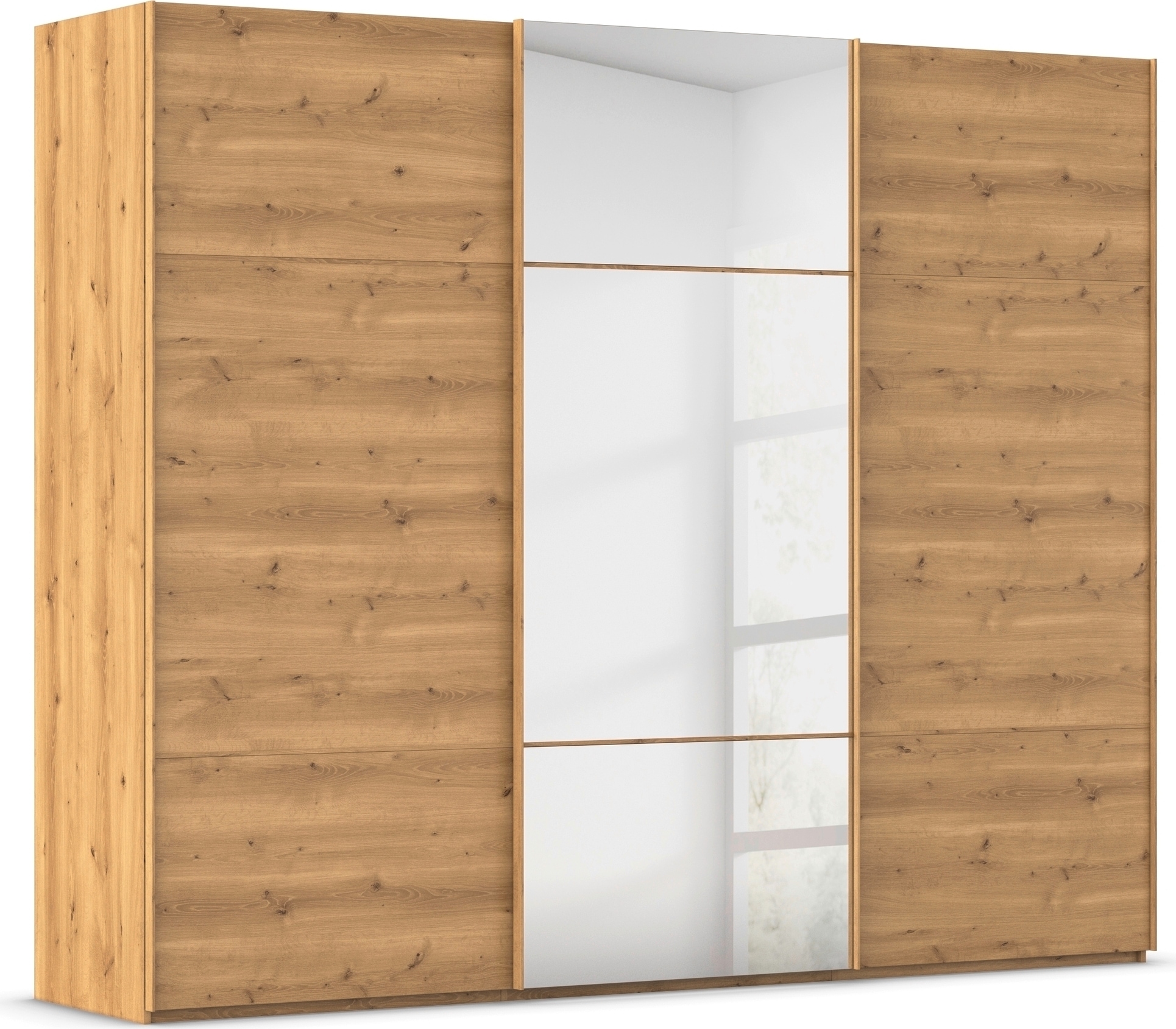 rauch Schwebetürenschrank "Kleiderschrank Schrank Garderobe Schlafzimmerschrank SCALE-TRIO" edle dreigeteilte Front mit 2 Zierleisten und Spiegel MADE IN GERMANY