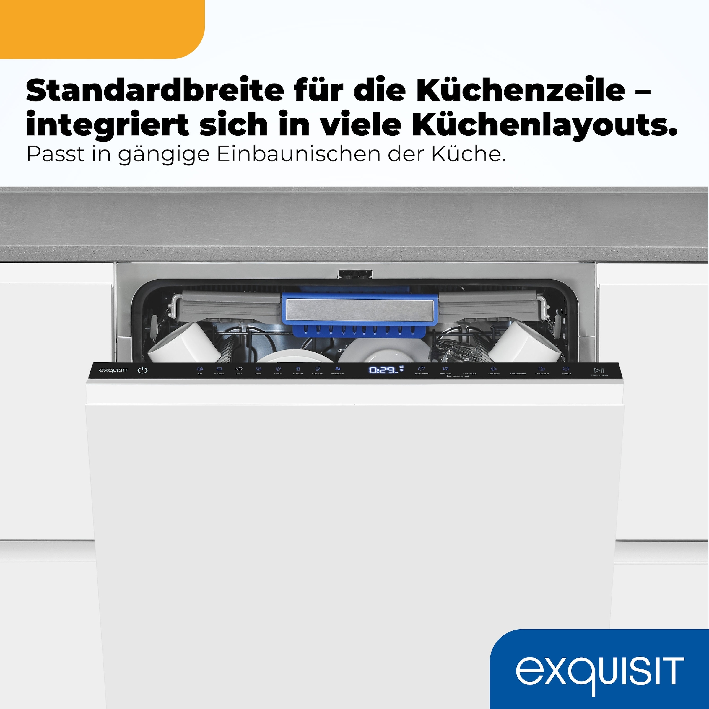 exquisit vollintegrierbarer Geschirrspüler 9616 »EGSP9616-E-450B schwarz« 10,9 l 16 tlg. Maßgedecke 16 Maßgedecke & flüsterleise 42 dB – stark und angenehm ruhig
