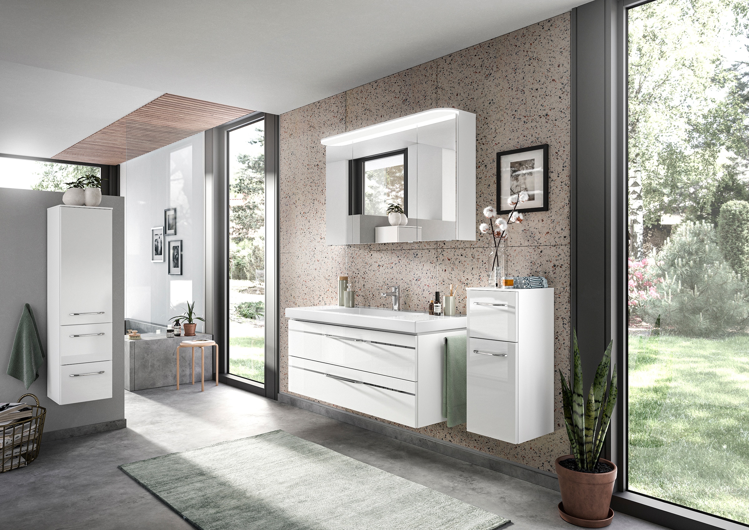 Saphir Badmöbel-Set »Balto Sprint 4-teilig, Mineralmarmor-Waschtisch mit LED-Spiegelschrank«, (5 St.), Unterschrank, Midischrank, inkl. Türdämpfer, 5 Türen, 5 Schubladen