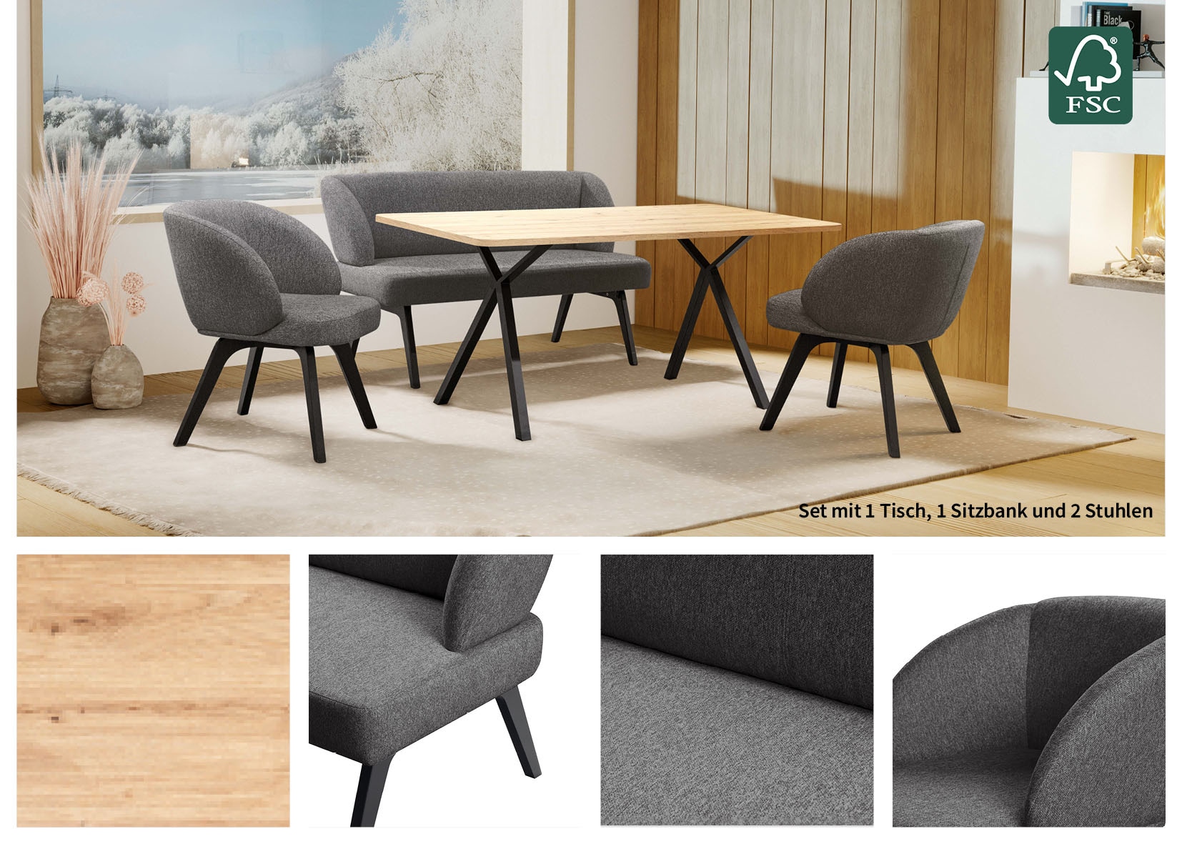 Home affaire Essgruppe »Aretha Esstischbank, Sitzgruppe, Küchenbank, Polsterbank«, (Set, 4 tlg., 4er), Esszimmer Sitzgruppe, Tisch, Stühle und Bank gepolstert, Nosagfederung