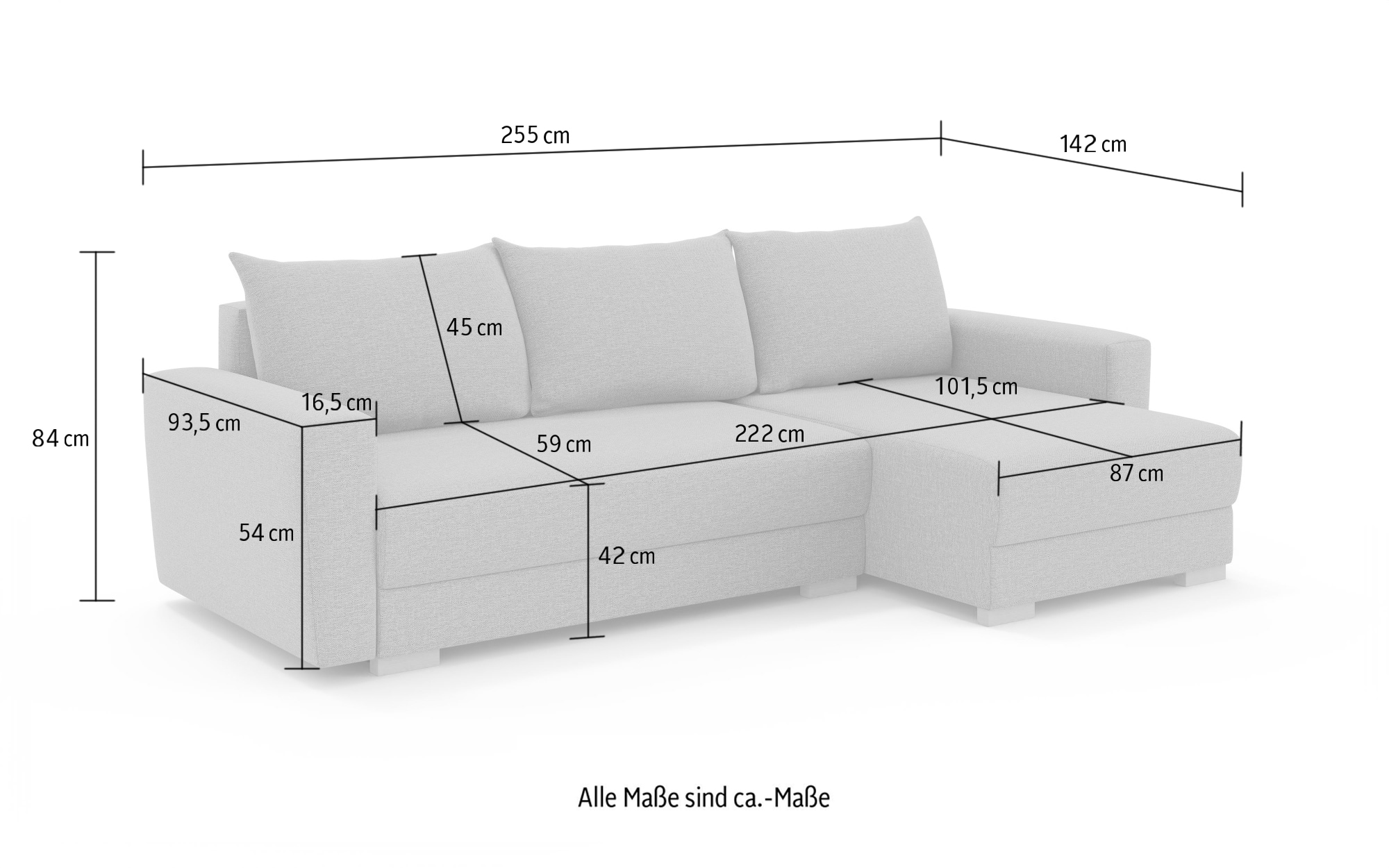 INOSIGN Ecksofa »MAGHERA universell Schlafsofa mit Bettkasten, Maße B/T/H: 255/142/84cm« L-Form mit Recamiere rechts oder links montierbar, hoher Sitzkomfort