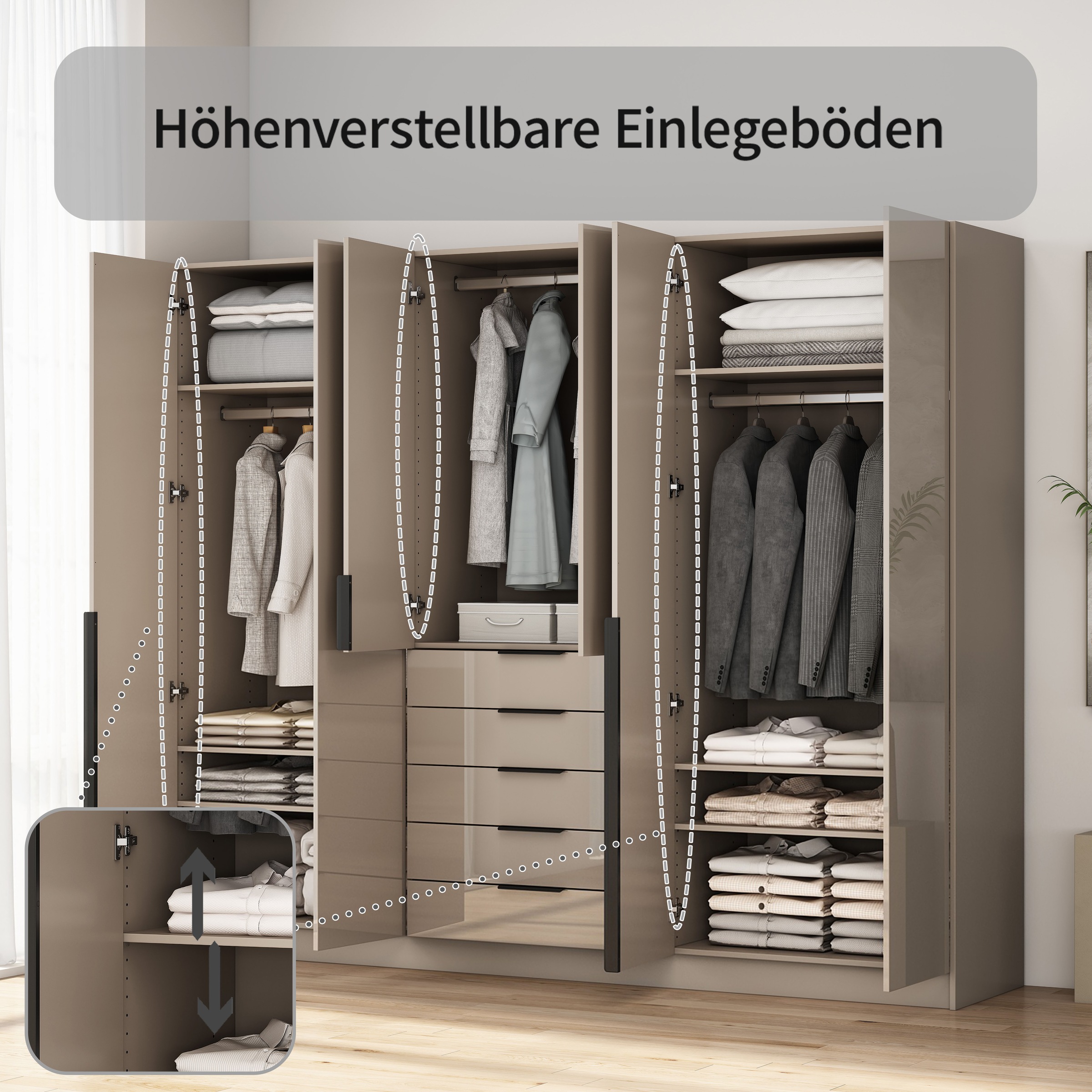 OTTO home Kleiderschrank »Annor Schlafzimmerschrank Breite 242cm hochglanz Schrank Garderobe« Drehtürenschrank mit perfekter Innenausstattung - elegante Türgriffe