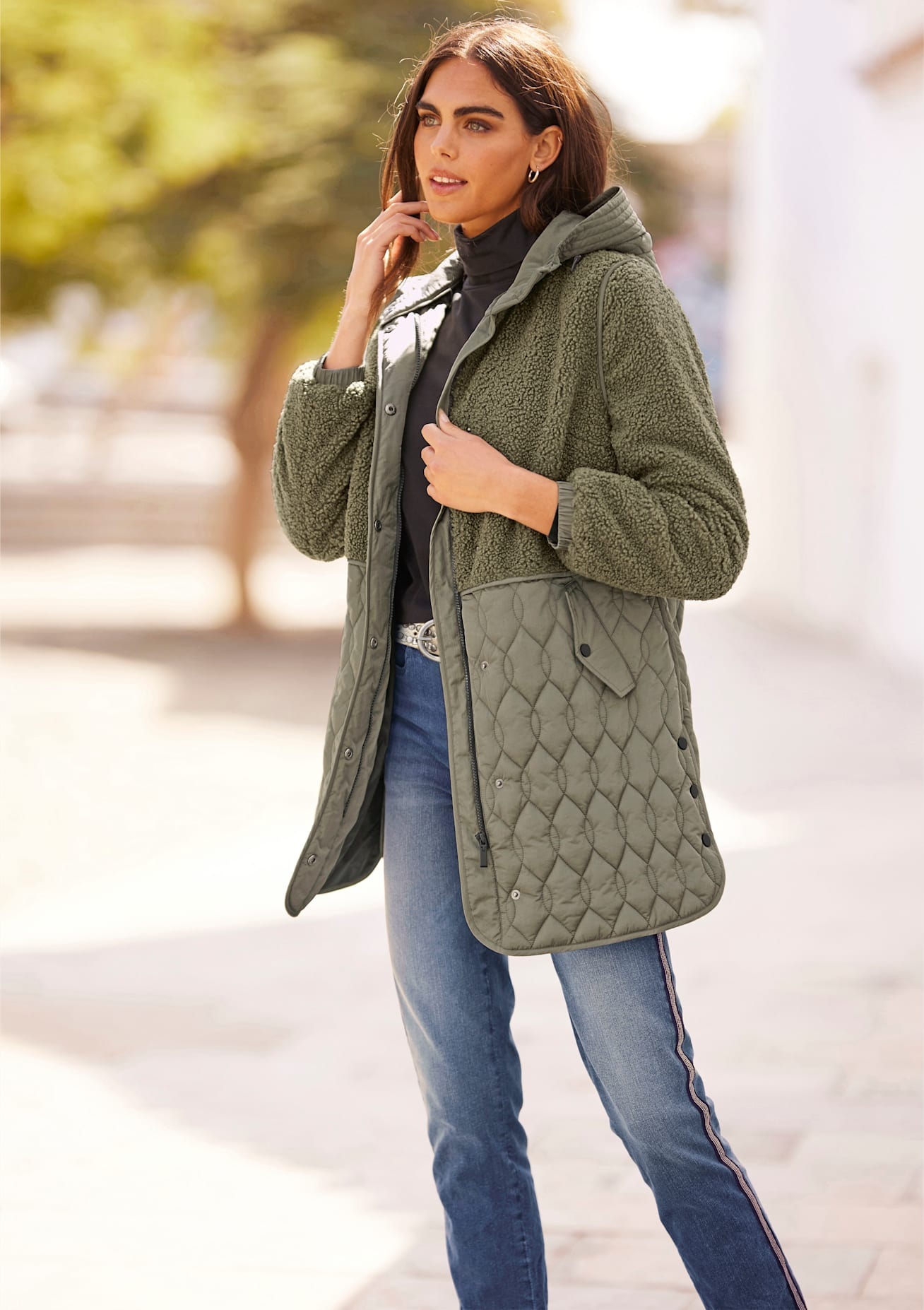 Langjacke HEINE, Damen, Gr. 42, grün (khaki), 100% Polyamid, Teddyfleece:100% Polyester, Wattierung:100% Polyester, unifarben, Jacken Langjacke 3