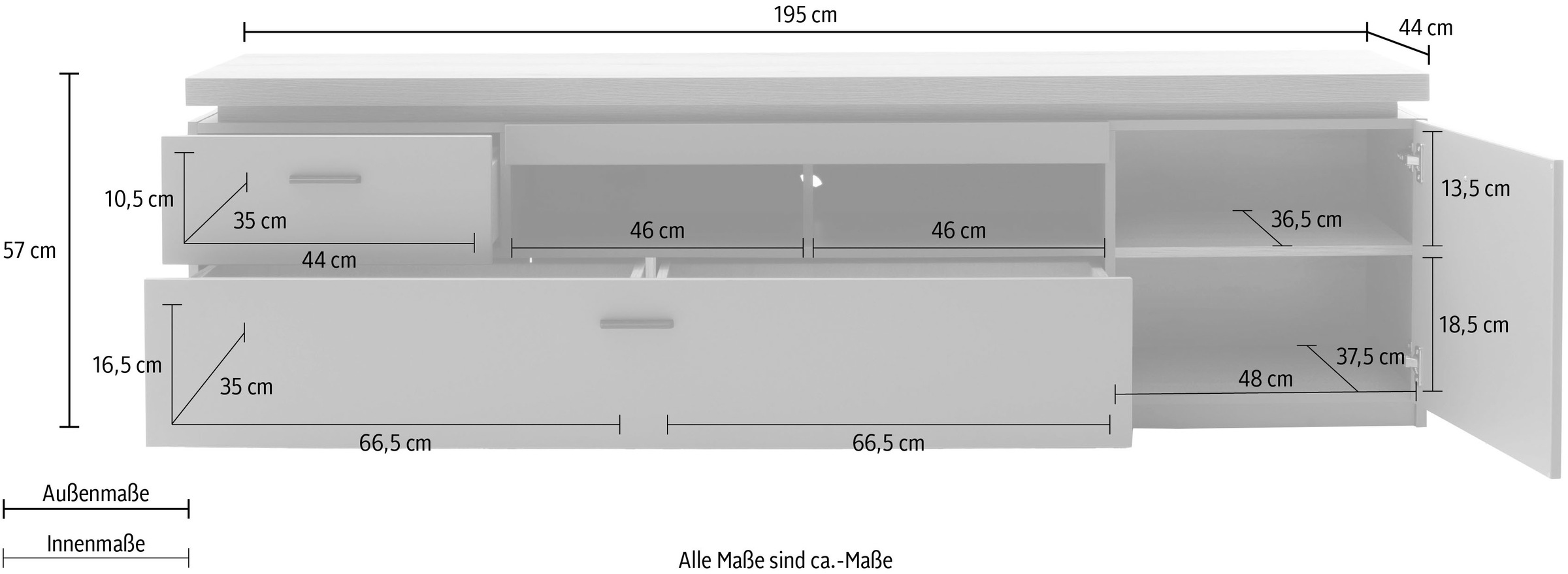 MCA furniture Lowboard »MONIZ TV-Element«, TV-Schrank, 2 Türen, 2 Schubkästen, 2 offene Fächer, 195 cm breit