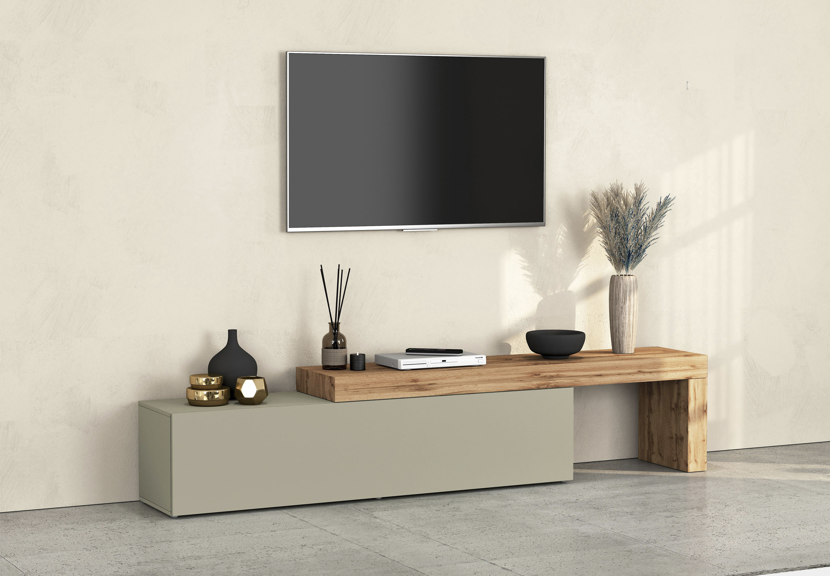 OTTO home Lowboard "Lowboard Chronos TV-Board, TV-Schrank" Spar-Set, Breite verstellbar von 190 bis 350 cm, 1 Stk. tlg. Breite 270 cm TV-Board,Lowboard,1 Klappe und ein L-Förmiger Aufsatz
