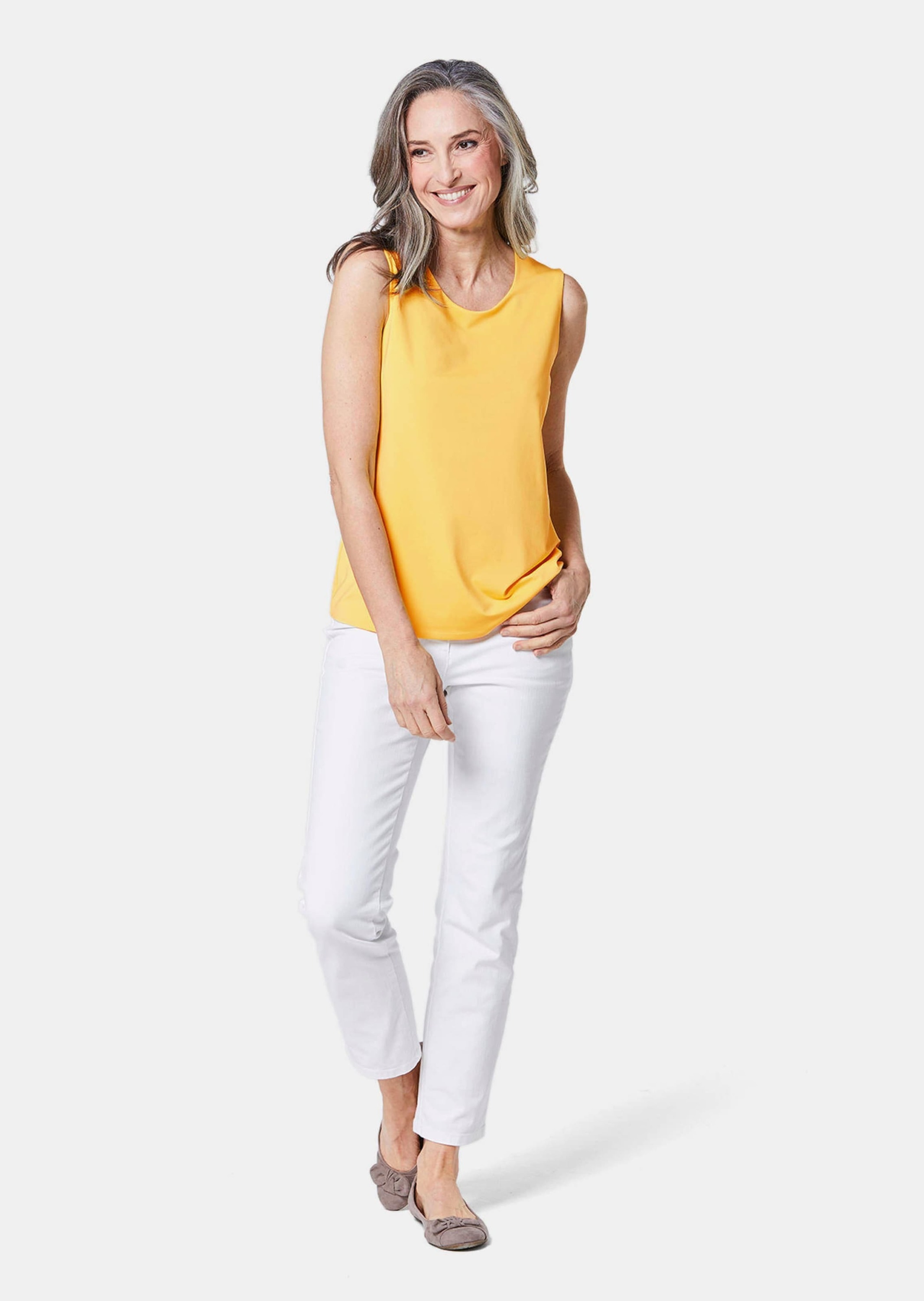 Trägertop GOLDNER "Kurzgröße Gepflegtes Top in formstabiler Ware", Damen, Gr. 23, gelb (zitronengelb), Obermaterial: 82% Polyester PES. 18% Elasthan EL., Sonstiges, Tops Trägertop, ohne 3