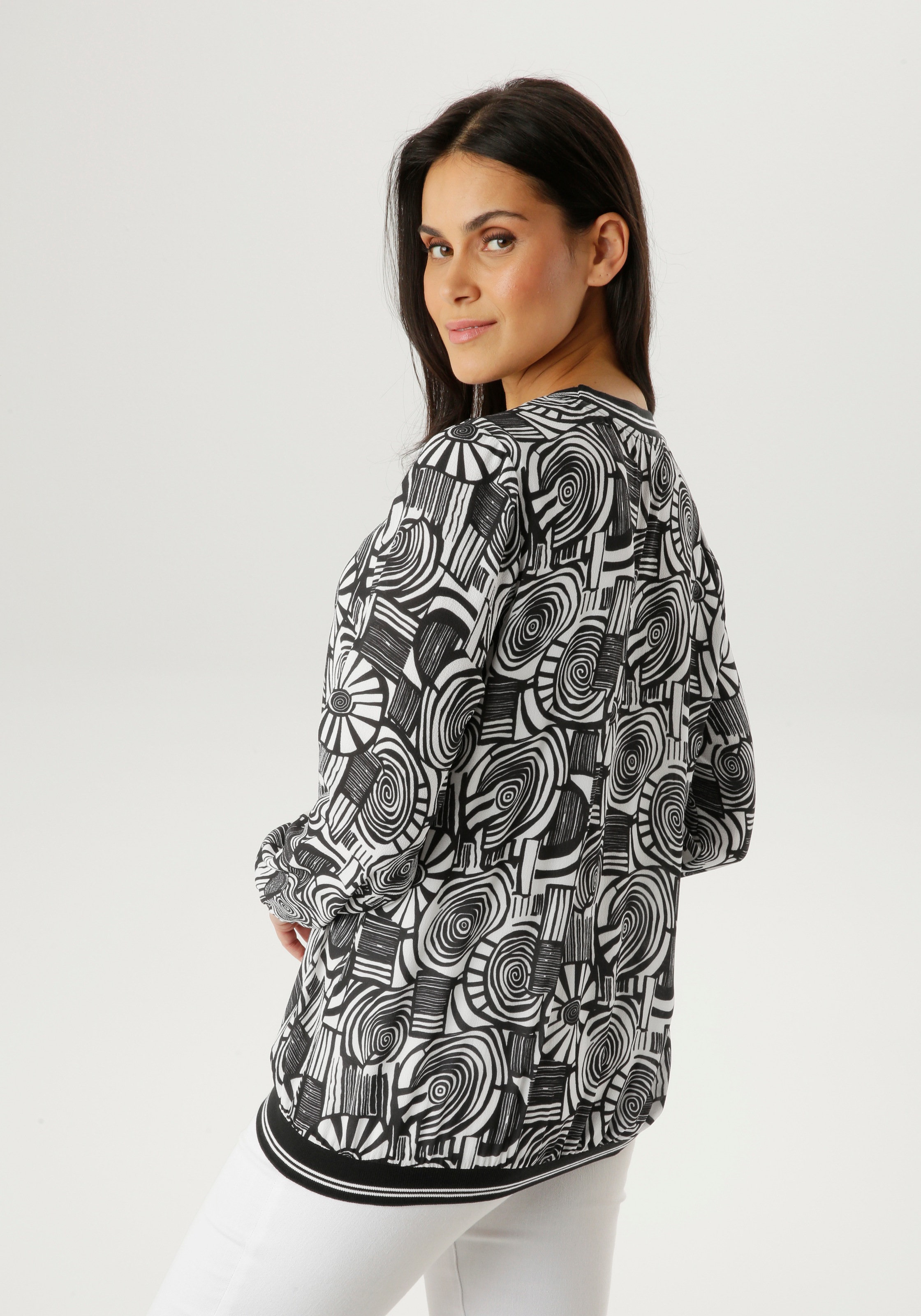 Aniston SELECTED Shirtbluse mit gestreiften Bündchen und Retro-Muster - NEU günstig online kaufen