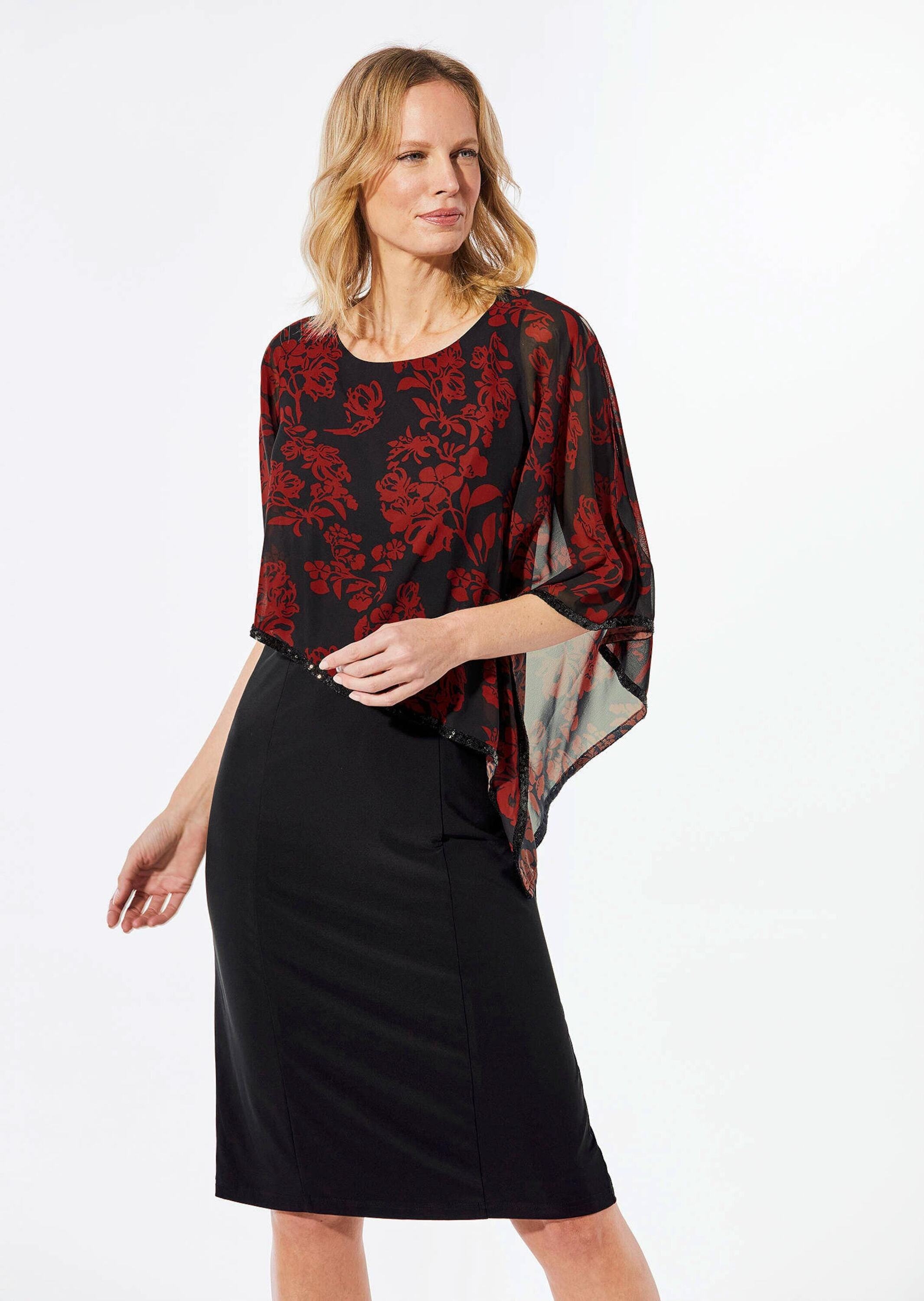 Etuikleid GOLDNER "Festliches Kleid mit feinem Chiffonüberwurf", Damen, Gr. 38, N-Gr, schwarz (schwarz, rot, geblümt), Obermaterial: 92% Polyester PES. 8% Elasthan EL., festlich, 3/4 Arm, Kleider Etuikleid, Chiffonüberwurf mit schimmerndem Paillettenbesat 2