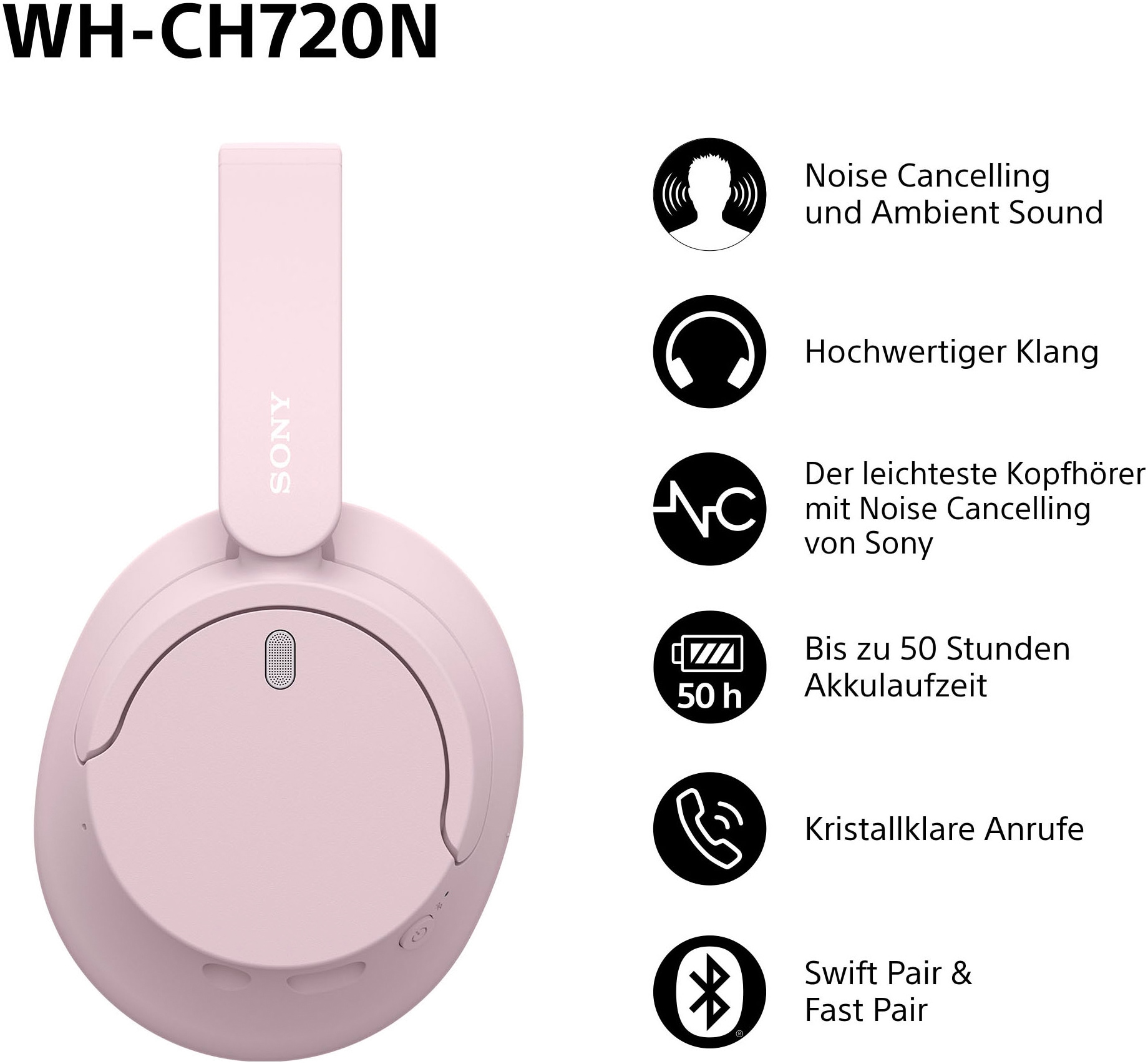 Sony Over-Ear-Kopfhörer »WH-CH720N«, Bluetooth, Noise-Cancelling-Freisprechfunktion-integrierte Steuerung für Anrufe und Musik-LED Ladestandsanzeige-Multi-Point-Verbindung-Sprachsteuerung