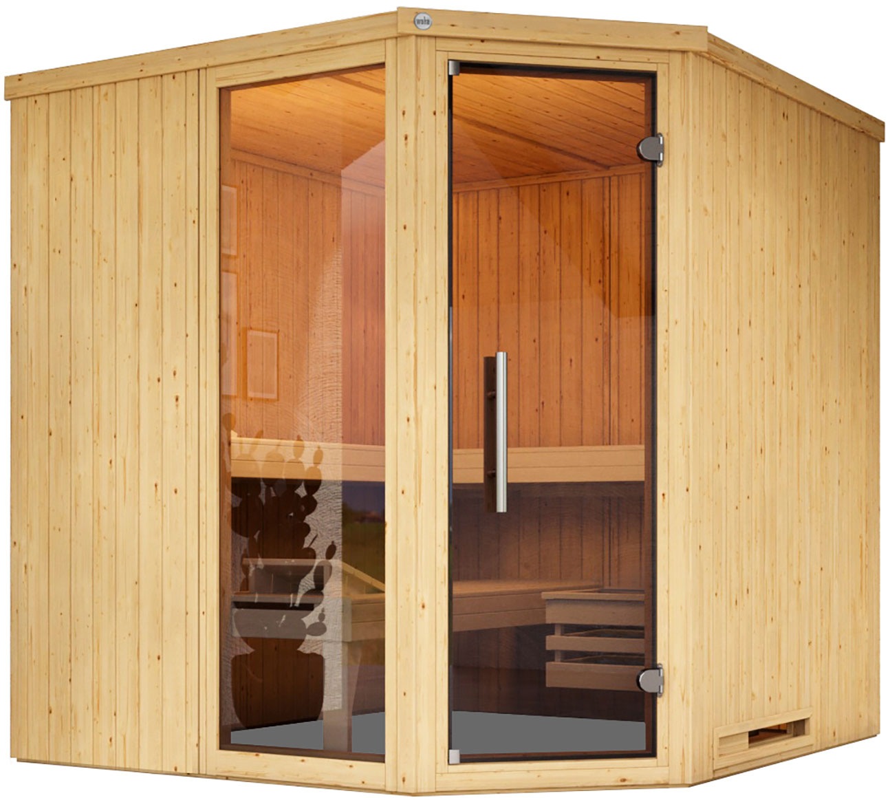 weka Sauna »Element-Ecksauna VARBERG 3«, vorgefertigte Elemente, moderne Ganzglastür, bodenl. Fensterelement