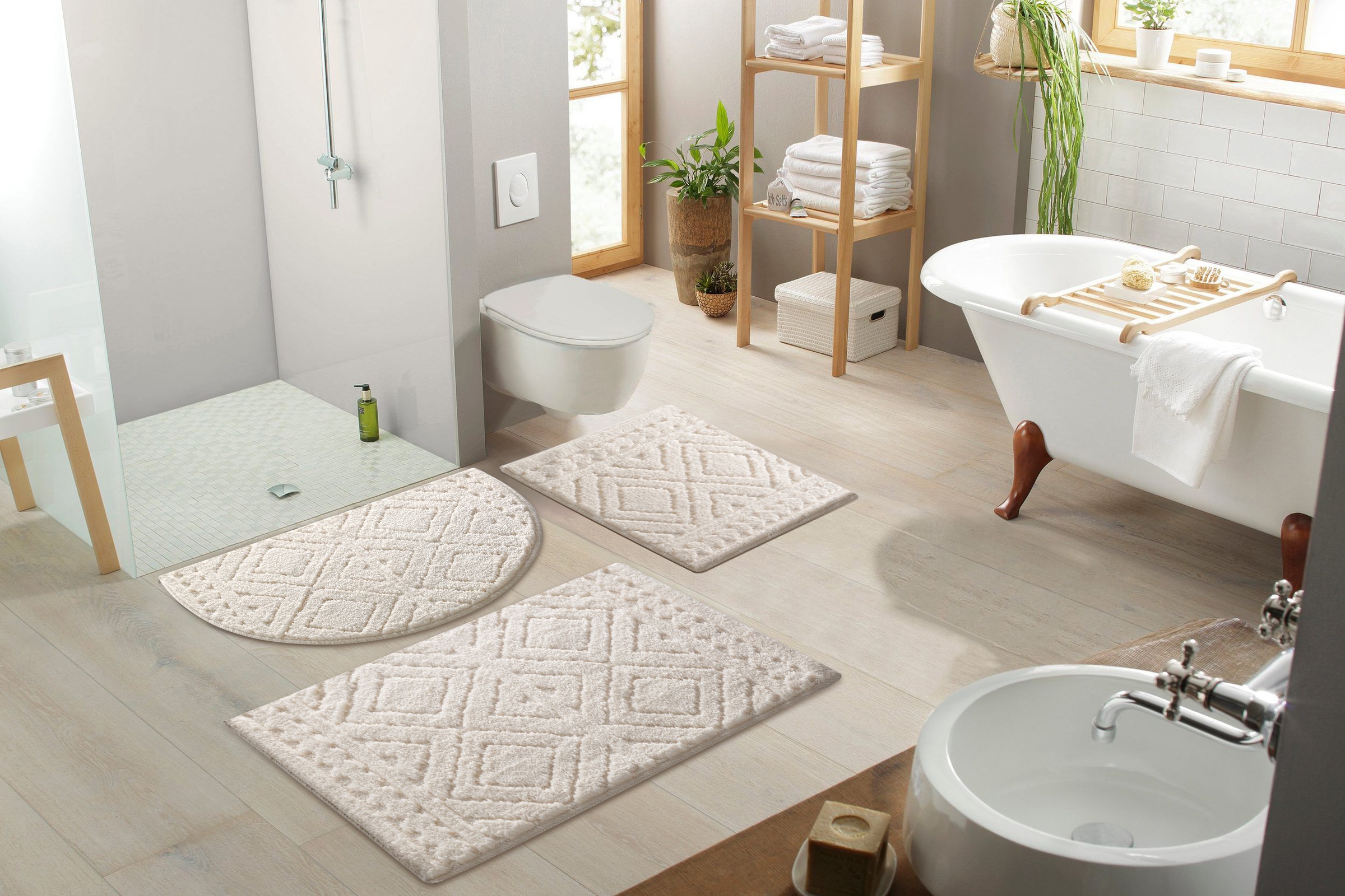 my home Badematte »Louvres, Badvorleger, Badezimmer Teppich, Duschvorleger«, schnell trocknend, Badteppich, Uni Farben, Hoch-Tief Effekt, Boho-Style