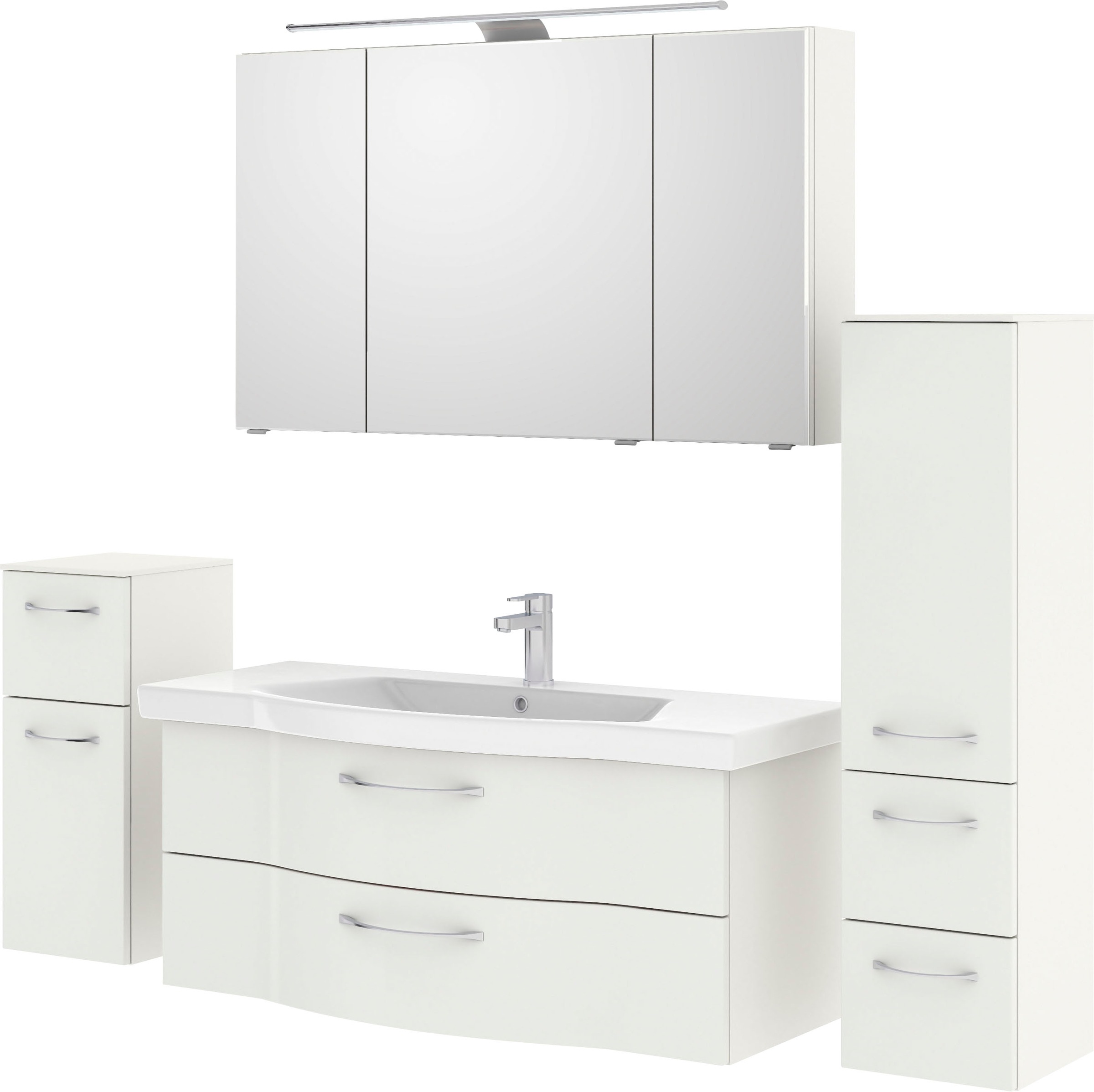 Saphir Badmöbel-Set »6005 Sprint 4-teilig, Keramik-Waschtisch mit LED-Spiegelschrank«, (5 St.), Unterschrank, Midischrank, inkl. Türdämpfer, 5 Türen, 5 Schubladen