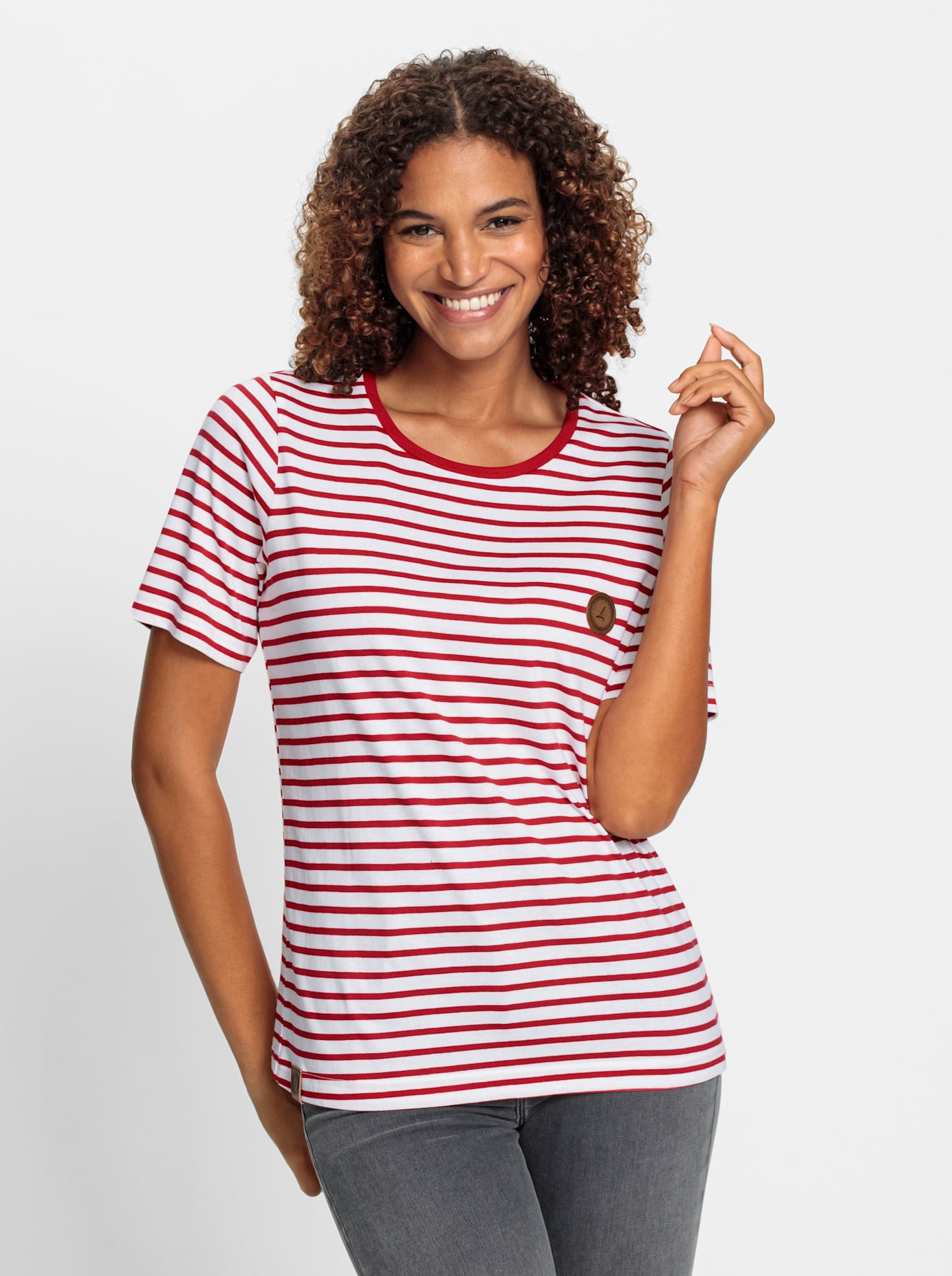 T-Shirt CASUAL LOOKS "Shirt", Damen, Gr. 36, weiß (rot, weiß, gestreift), 50% Baumwolle, 50% Modal, gemustert, mehrfarbig, Rundhals, Shirts T-Shirt