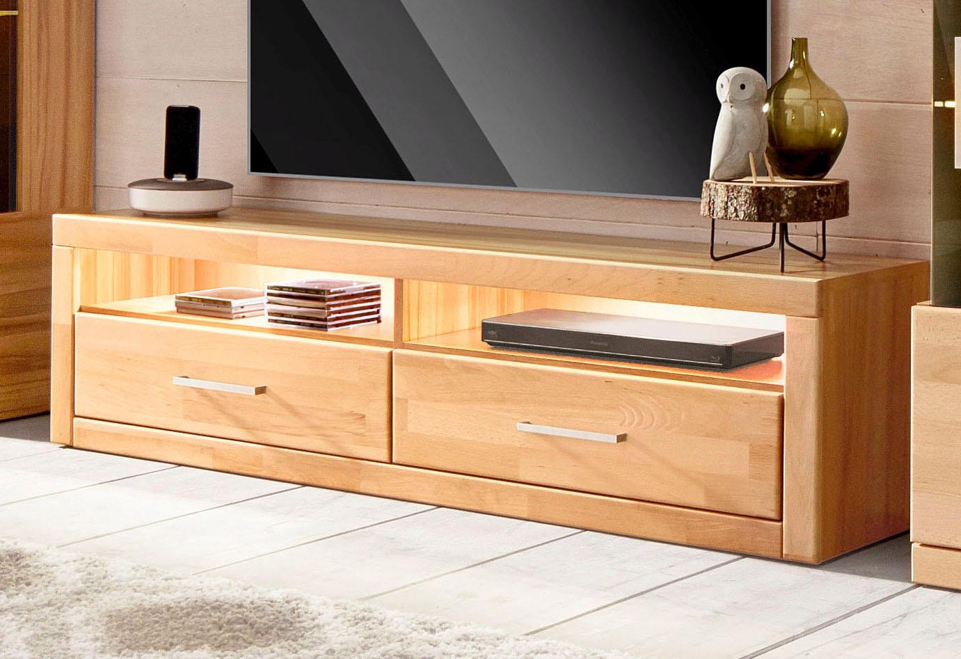 Home affaire Lowboard »Ribe,140cm breit, Fronten Massivholz,4 Fächer,Kabeldurchführung«, Holz massiv, Holzwerkstoff, Metall Griffe,2 Klappen