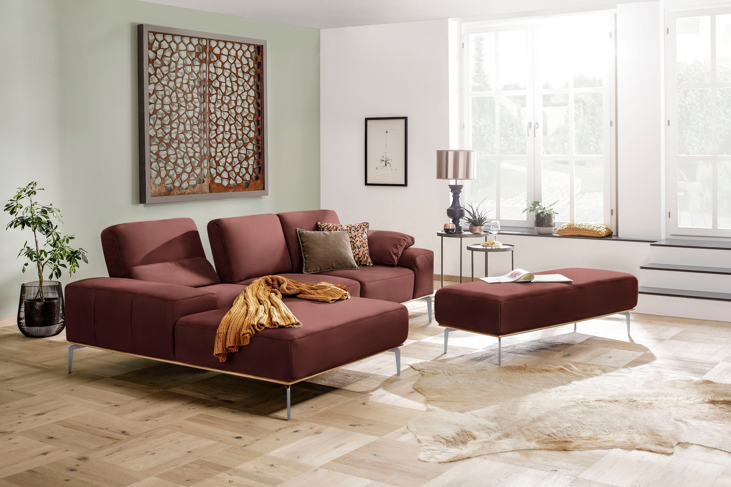W.SCHILLIG Ecksofa »run, Designsofa mit tollem Sitzkomfort, L-Form«, mit elegantem Holzsockel, Füße in Chrom glänzend, Breite 279 cm