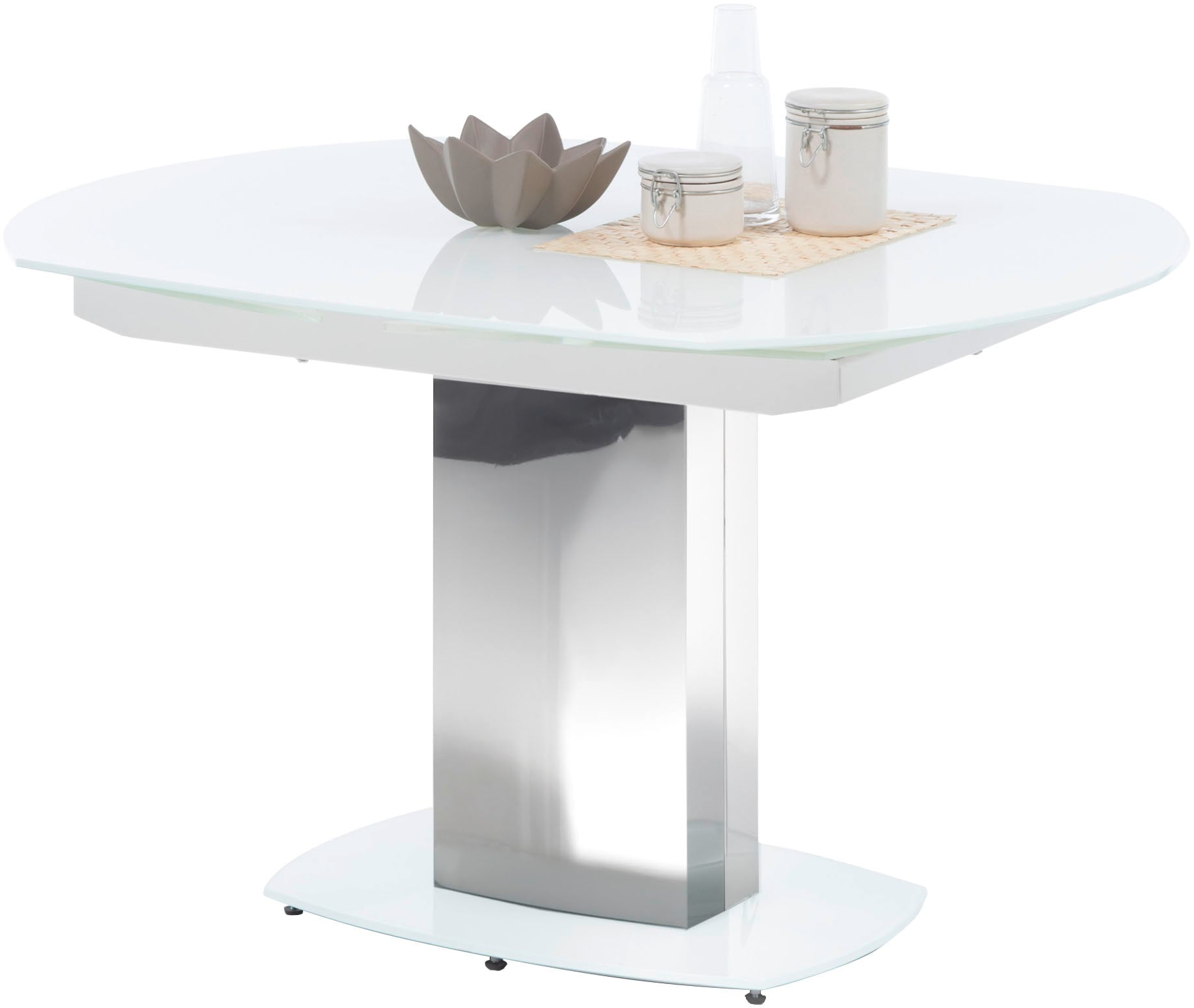 Stolkom Esstisch »Jackson Glastisch Weiß, Tisch ausziehbar, BxHxT 130-190x75x105 cm«, Automatische beidseitiger Drehauszug, Tischplatte in Super White