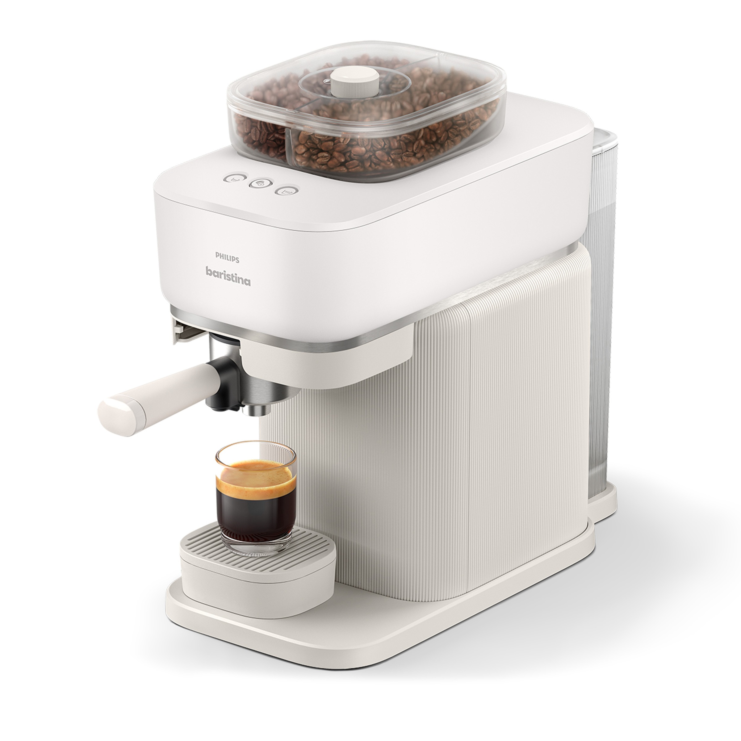PHILIPS baristina Espressomaschine „mit Bean swap BAR320/00 mit Mahlwerk für ganze Bohnen“ Doppelter Bohnenbehälter, 16 bar Pumpendruck, Naturweiß