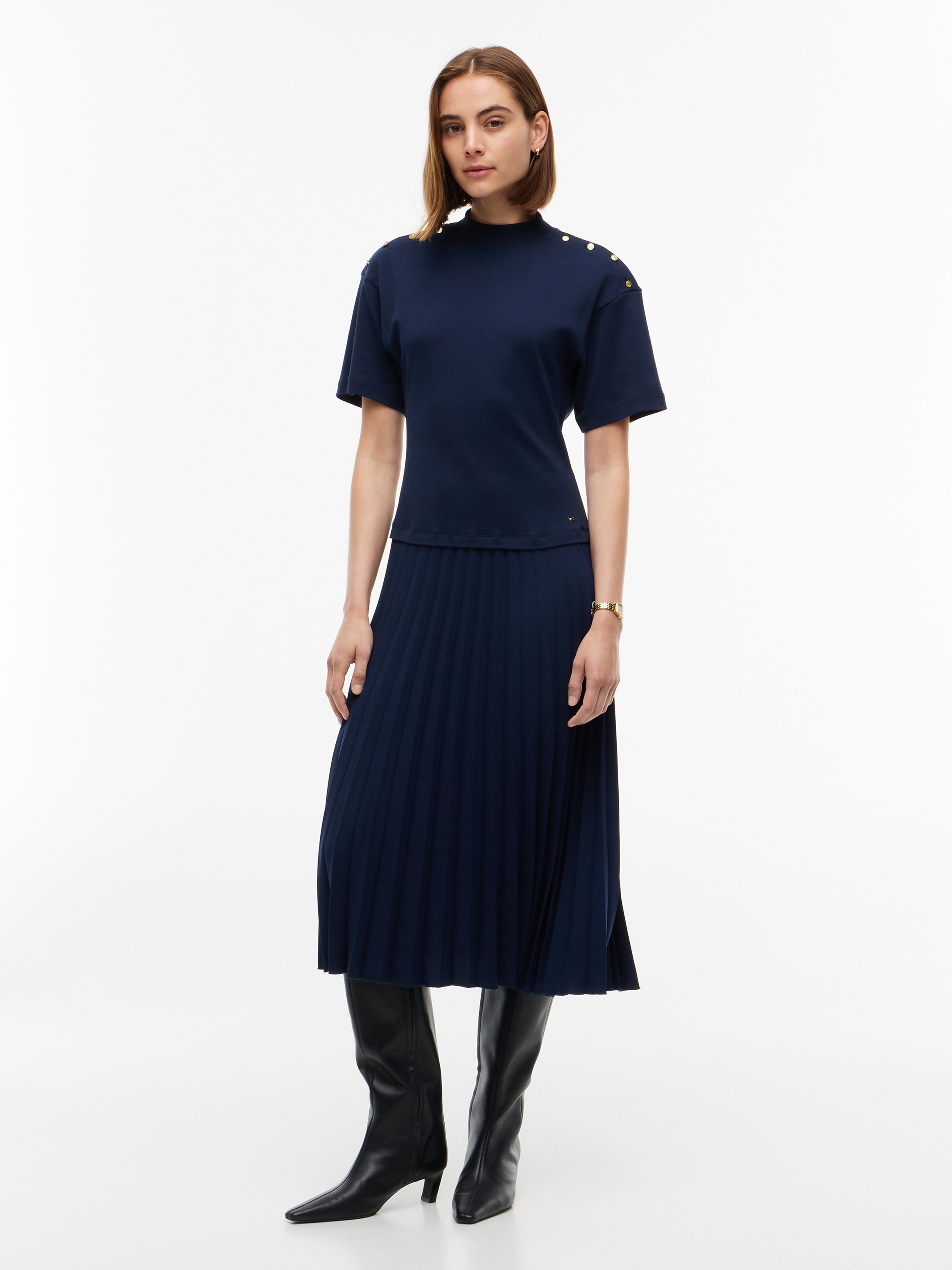 Tommy Hilfiger Strickkleid "GOLD BUTTON HIGH-NK S/S DRESS" Baumwolle