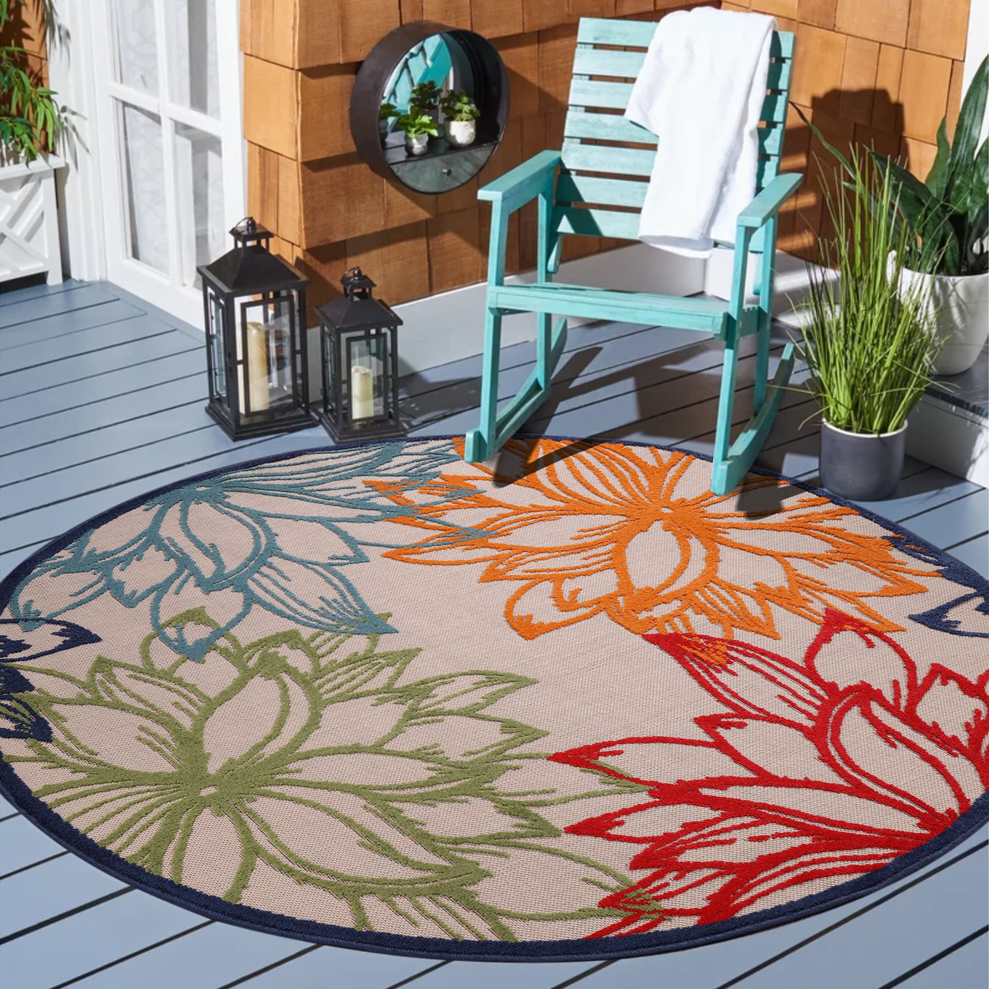 Sanat Teppich "Floral 2 Outdoor, auch als Läufer und rund" rund 6 mm Höhe In- und Outdoor geeignet, Blumen, Balkon, Terrasse, Außenbereich