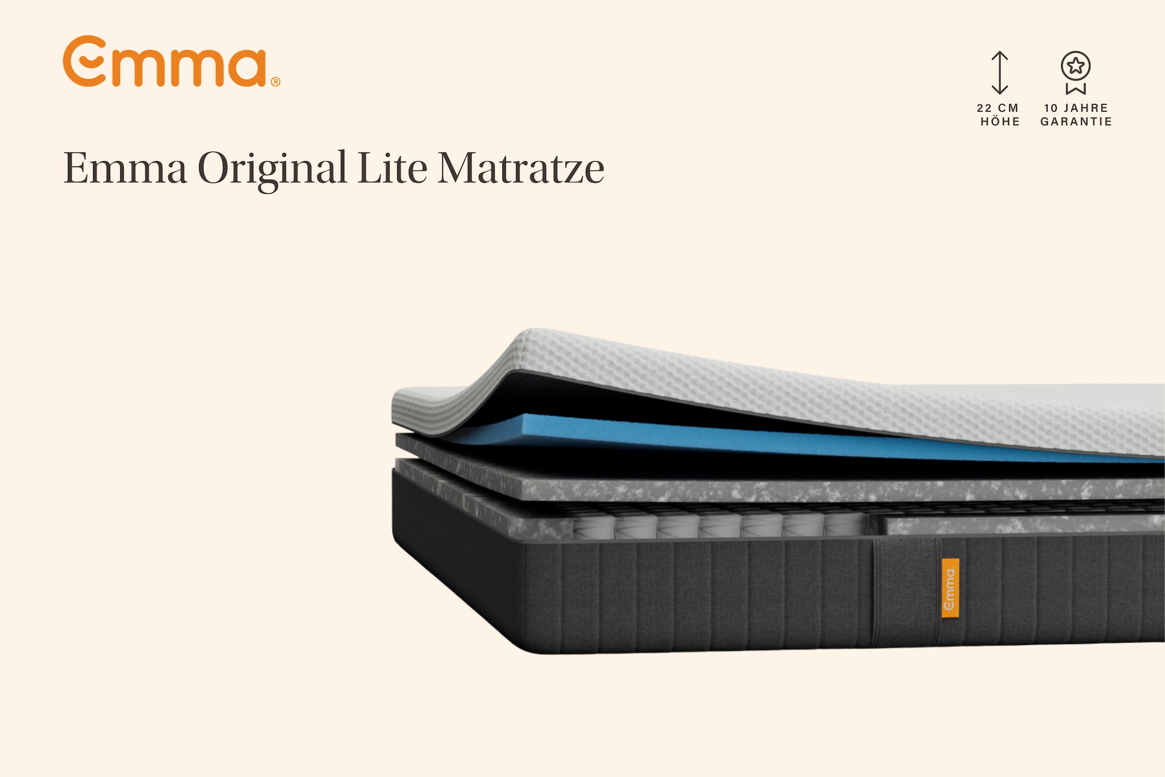 Emma Hybridmatratze »NEUHEIT: Emma Original Lite Matratze« 22 cm hoch 1 Stk. tlg. 3-Zonen-Federn, Airgocell®-Schaum, atmungsaktiv, waschbar, 22 cm.